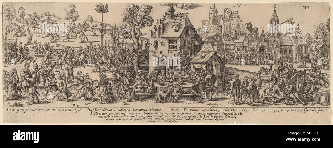 Gravure de Jan Theodor de Bry d'après Barthel Beham, Country Fair. Représente une foire rurale avec des gens, des étals de marché, des animaux, des tentes et des activités, montrer la vie quotidienne et la culture rurale festive. Banque D'Images