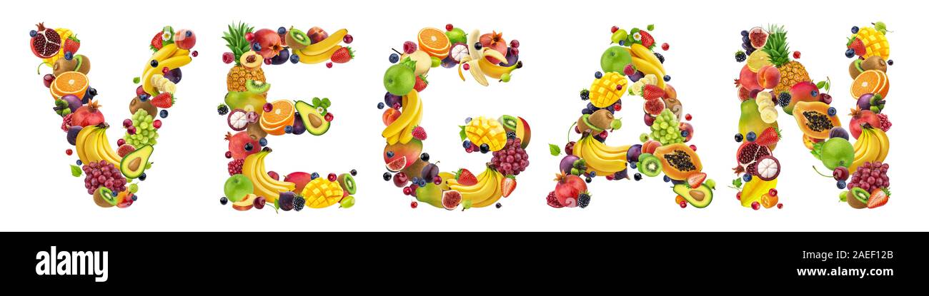 Mot VEGAN faites de différents fruits et baies Banque D'Images