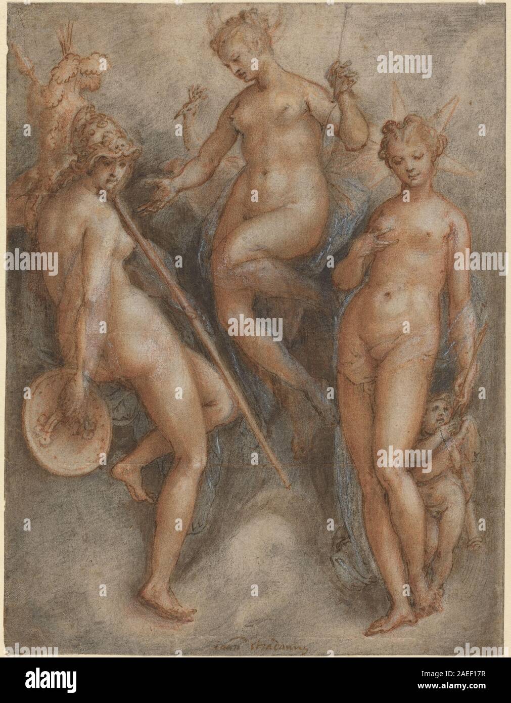 Une œuvre de Jan van der Straet intitulée trois déesses : Minerve, Junon et Vénus, créée vers 1587, représentant les trois déesses de la mythologie classique. La légende enregistre le sujet et la date approximative. Banque D'Images