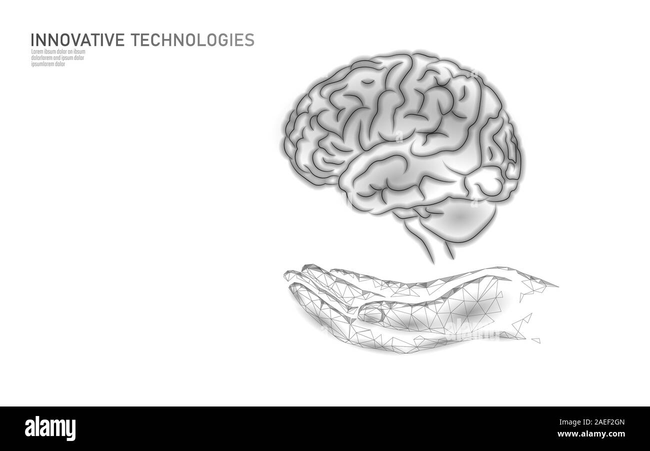 Traitement du cerveau low poly 3D render. Soins de médecine médicament main concept de santé mentale. La réadaptation cognitive dans la maladie d'Alzheimer Center banner Illustration de Vecteur