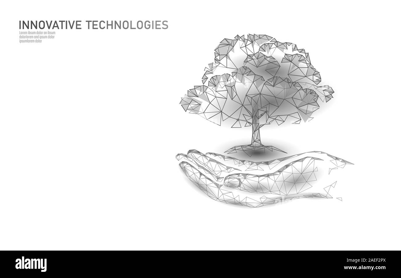 Hands holding plant tree concept abstrait écologique. Sol de plantation de rendu 3D feuilles des plantules. Sauver la planète nature environnement cultiver la vie. Polygone éco Illustration de Vecteur