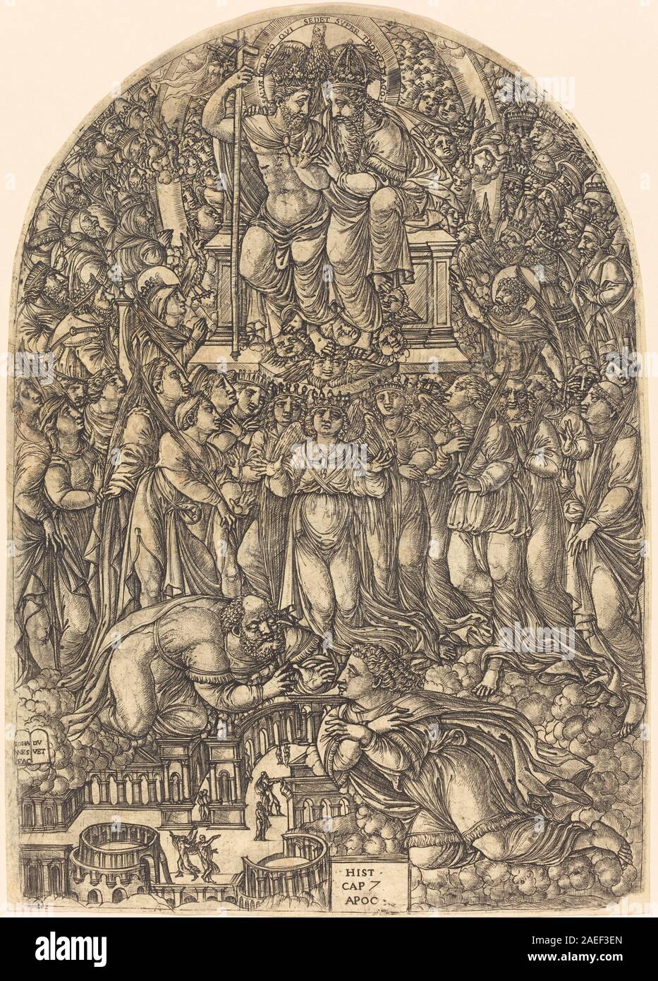 La multitude qui se tient devant le trône, créée entre 1546-1556, représente un grand groupe de figures devant un trône divin. La gravure met l'accent sur la hiérarchie, la dévotion religieuse, les figures humaines détaillées et le travail au trait complexe caractéristique de la Renaissance sacrée Banque D'Images