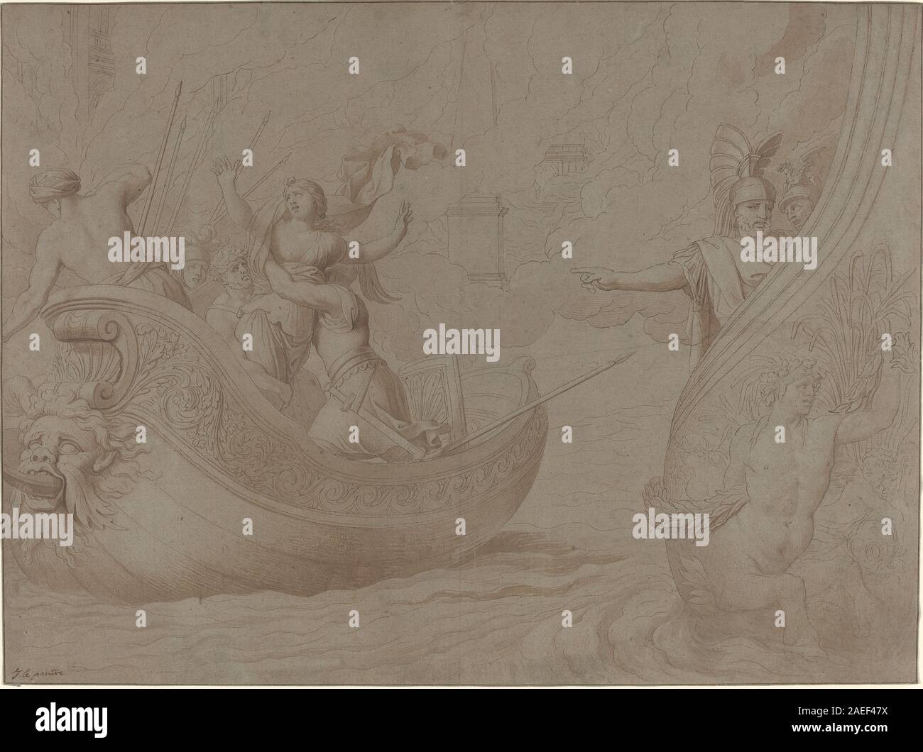 Une gravure de Jean Lepautre représentant l'enlèvement d'Hélène de Troie, montrant des figures, des mouvements, des gestes, des expressions, et des éléments architecturaux dans une composition classique. Banque D'Images