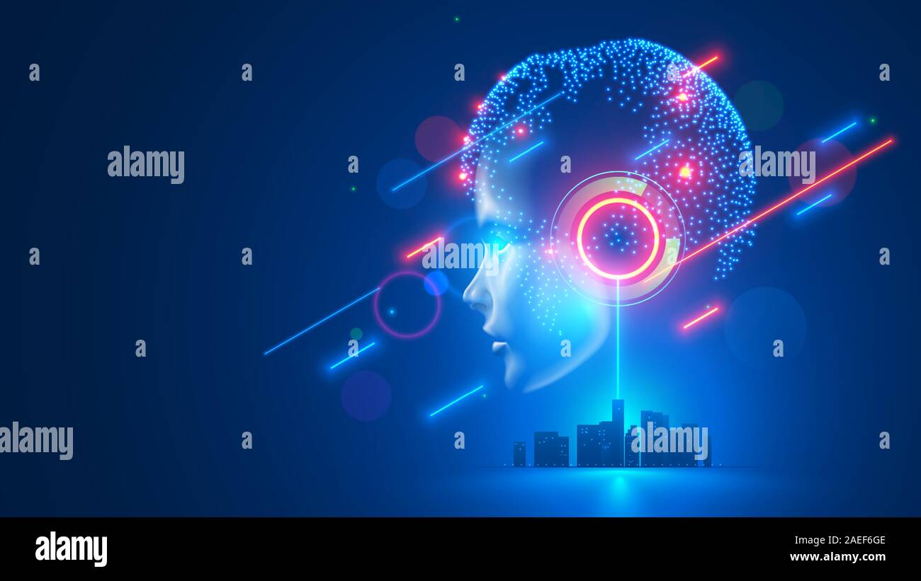 Contrôles de Ia ville intelligente de l'infrastructure. L'intelligence artificielle d'analyser les systèmes urbains de big data. Résumé La cybernétique silhouette femme tête de neurones avec Illustration de Vecteur