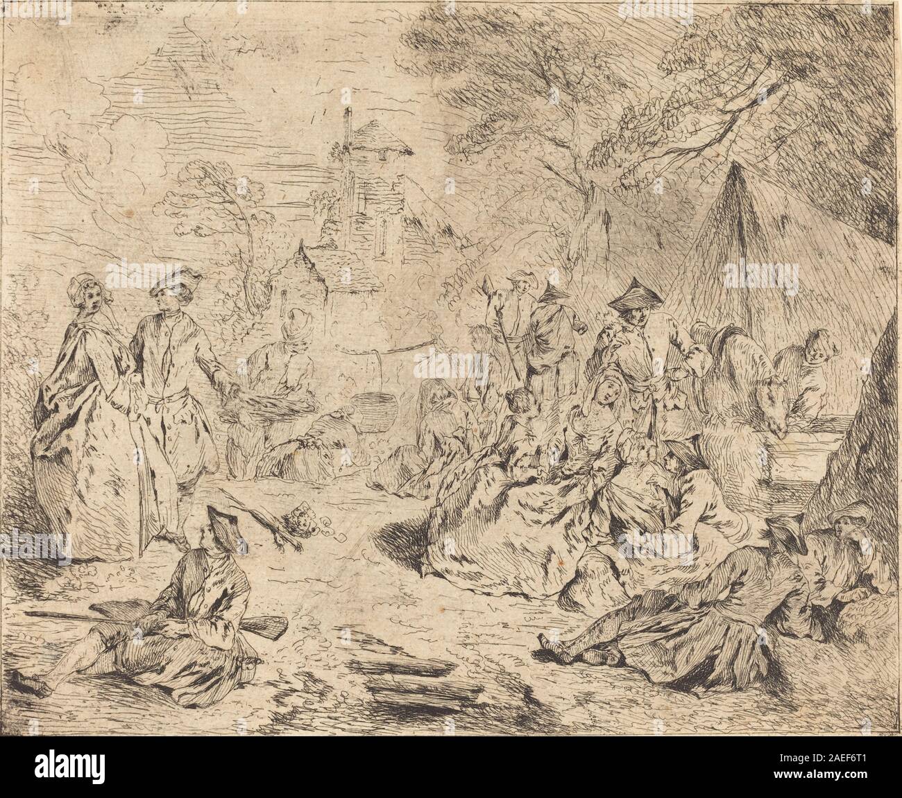 Peinture de Jean-Baptiste Joseph Pater, halte sur la marche. Représente des soldats en pause pendant une marche avec des uniformes détaillés, des chevaux, des gestes, des paysages et des conditions atmosphériques, insister sur la discipline militaire et la composition des scènes. Banque D'Images