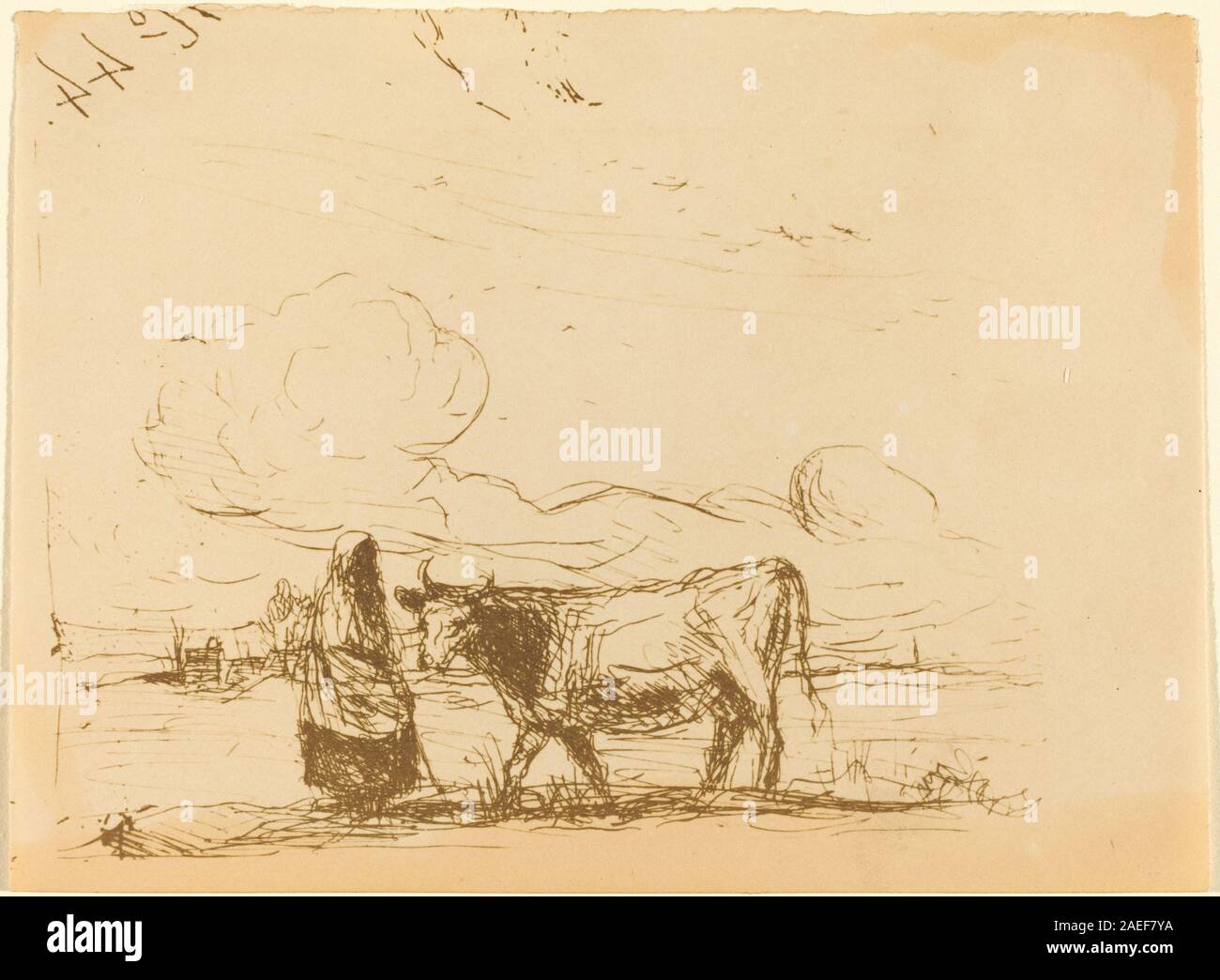1860 peinture de Jean-Baptiste-Camille Corot représentant une vache et son gardien, montrant l'animal, la figure humaine, le paysage, le pâturage, arbres et environnement environnant. Banque D'Images