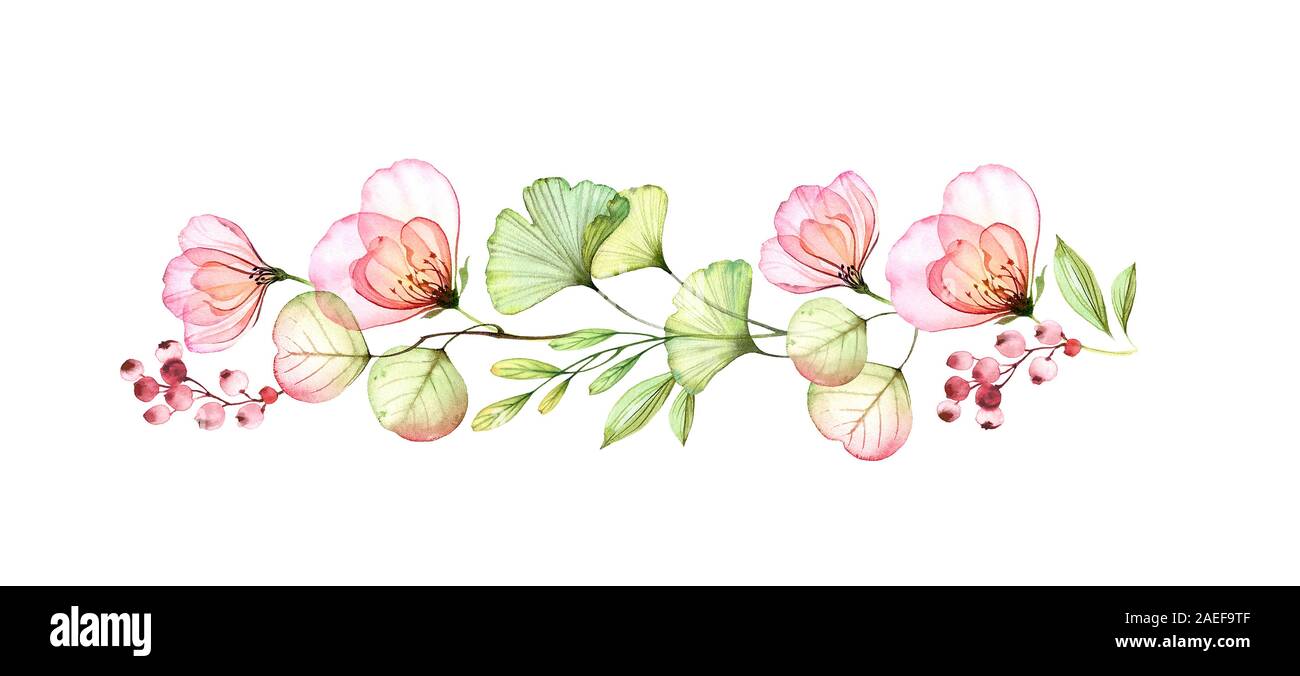 Aquarelle de fleurs roses, à la frontière des feuilles et branche  d'eucalyptus. Fleurs en ligne horizontale transparente. Hand drawn  illustration isolé sur blanc pour Photo Stock - Alamy