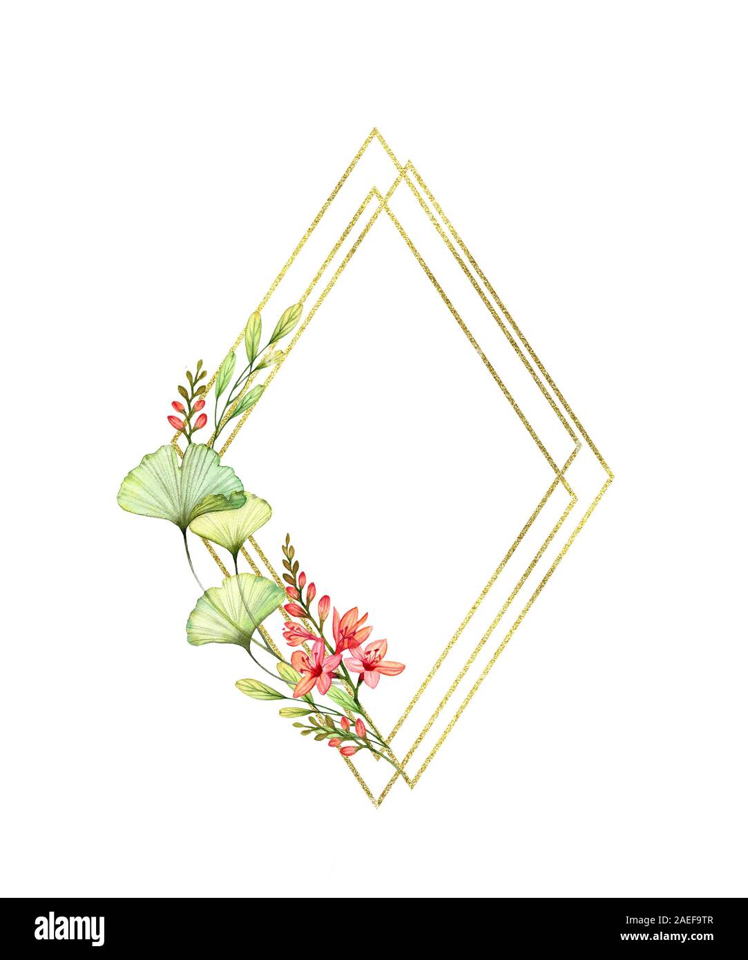 Rhomb floral avec châssis d'aluminium doré, freesia fleurs et place pour le texte. Composition verticale isolé sur blanc. Illustration peinte à la main à l'aquarelle Banque D'Images