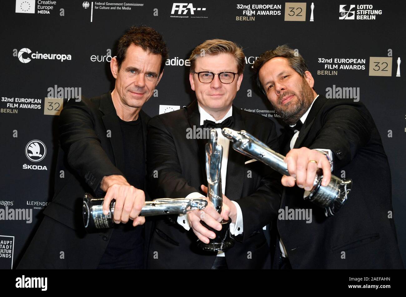 Berlin, Deutschland. 07Th Dec, 2019. Tom Tykwer, Henk Handloegten et Achim von Borries lors de la cérémonie de remise des prix de la 32e European Film Award 2019 à la Haus der Berliner Festspiele. Berlin, 07.12.2019 | Conditions de crédit dans le monde entier : dpa/Alamy Live News Banque D'Images