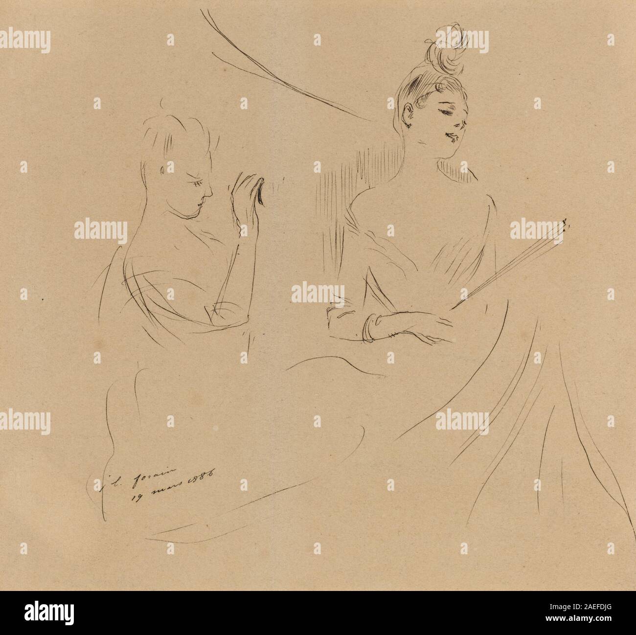 Montre deux femmes assises dans une salle de théâtre, habillées à la fin du XIXe siècle, observant une performance, soulignant les coutumes sociales et les vêtements de l'époque. Banque D'Images