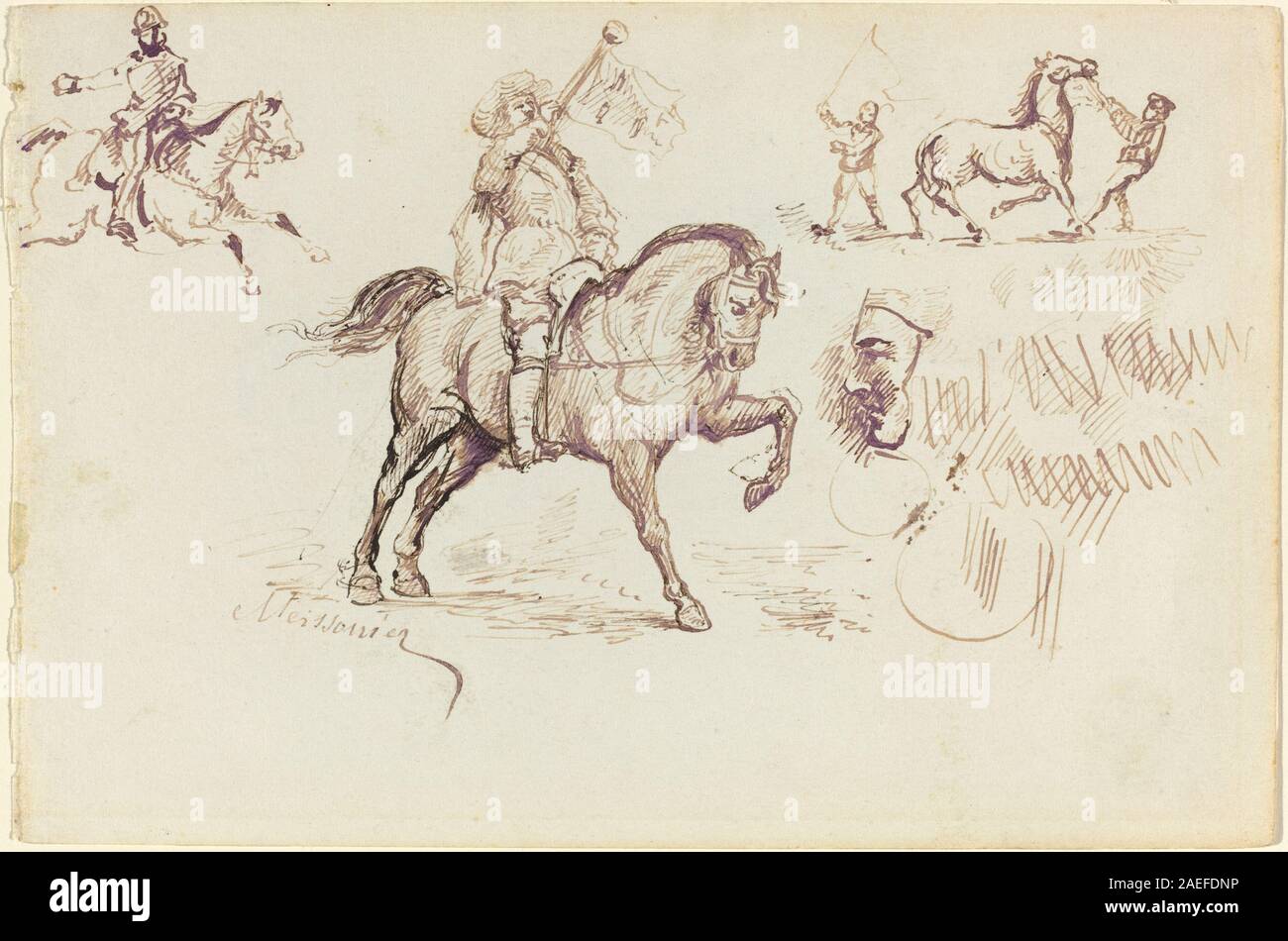 Tableau de Jean-Louis-Ernest Meissonier datant d'environ 1860 et intitulé « le Héraut de Murcie », montrant des études militaires et historiques détaillées avec une représentation précise des uniformes, des figures et des décors. Banque D'Images