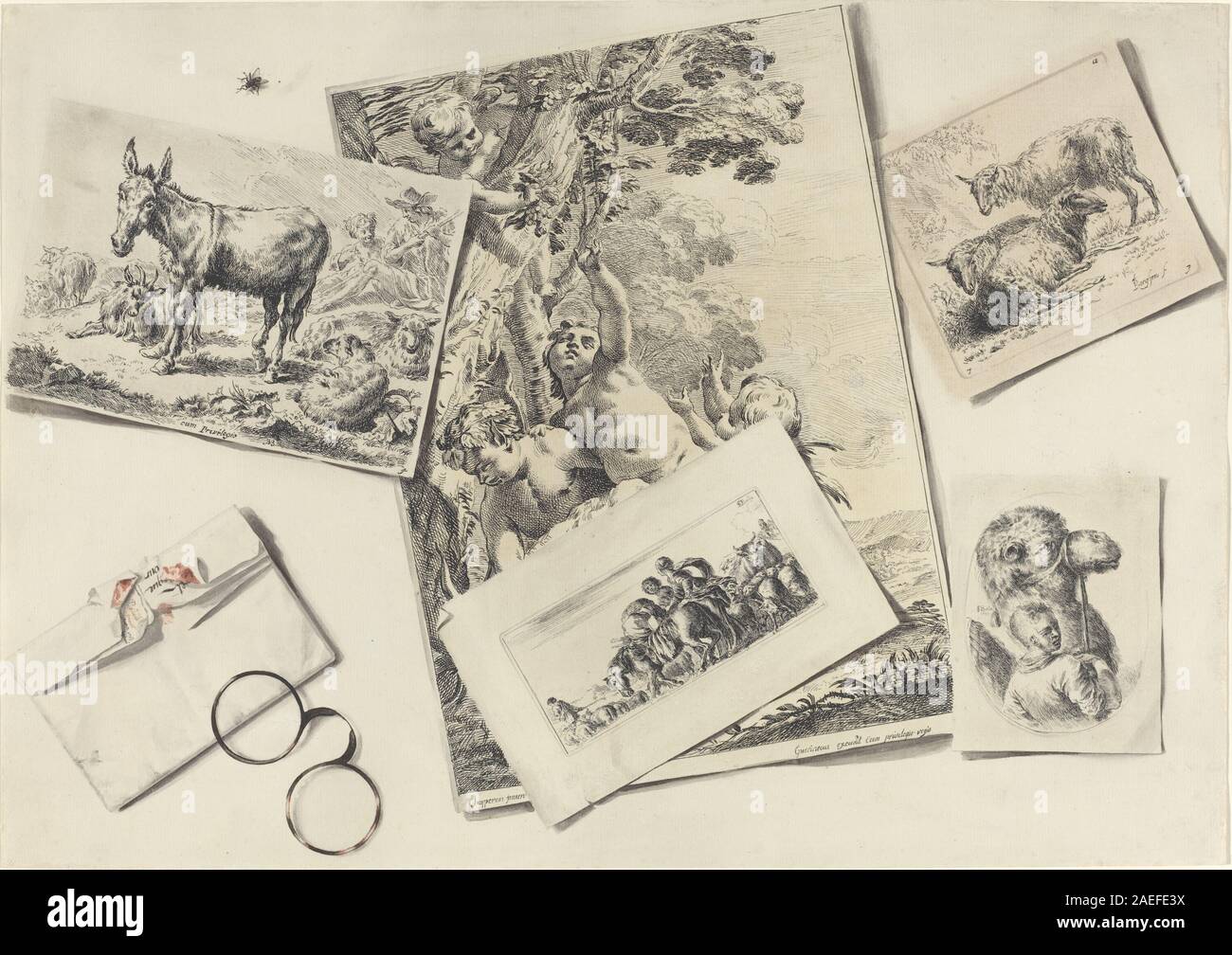 Jean-Pierre-Xavier Bidauld après divers artistes, Trompe l'Oeil - Gravures anciennes, une déchirure de l'enveloppe avec Horn-rimmed lunettes, et une mouche, 1763 Trompe-l'Oeil : gravures anciennes, une déchirure de l'enveloppe avec Horn-rimmed lunettes, et une mouche date de 1763 ; Banque D'Images