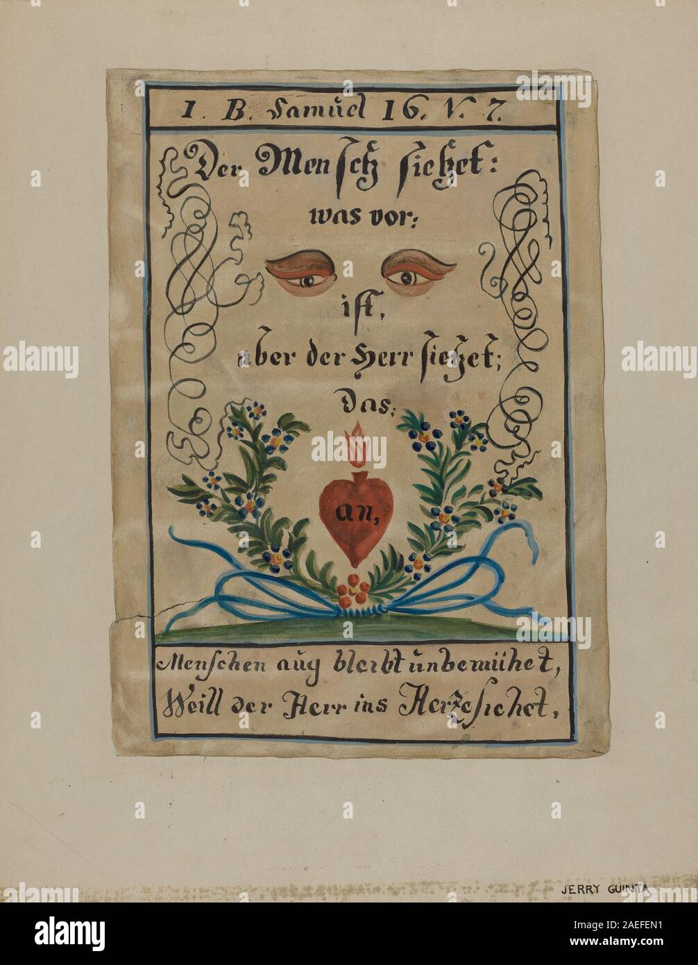 Cette œuvre de Jerry Guinta est un exemple illustré de Pennsylvanie German Fraktur créé vers 1939. Il présente des lettrages décoratifs, des motifs symboliques et des ornements colorés typiques des traditions de l'art populaire dans les communautés allemandes de Pennsylvanie. Banque D'Images