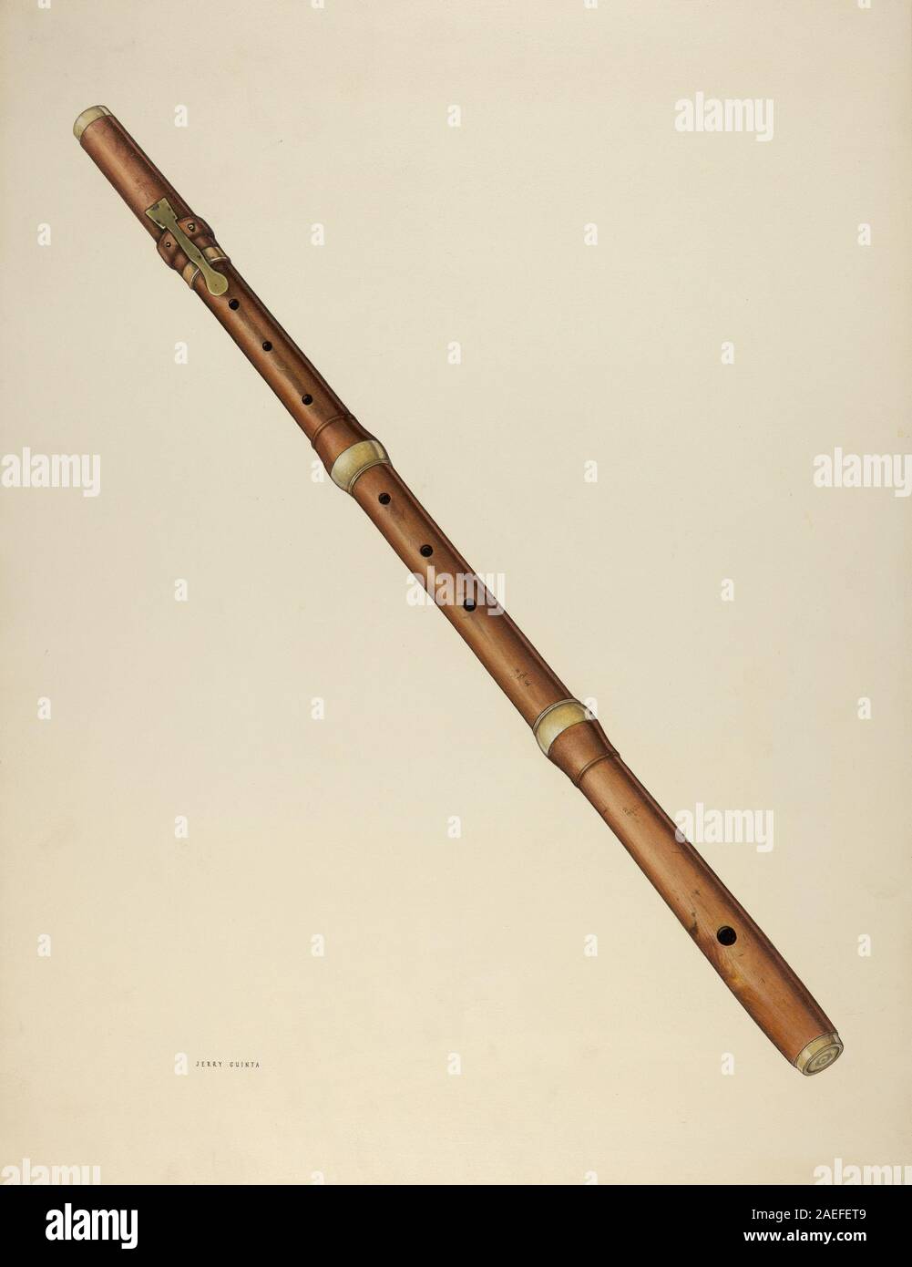 Flûte à bec Zoar fabriquée vers 1938 par Jerry Guinta, montrant un corps tubulaire, des trous pour les doigts, un embout buccal et des éléments décoratifs. Banque D'Images