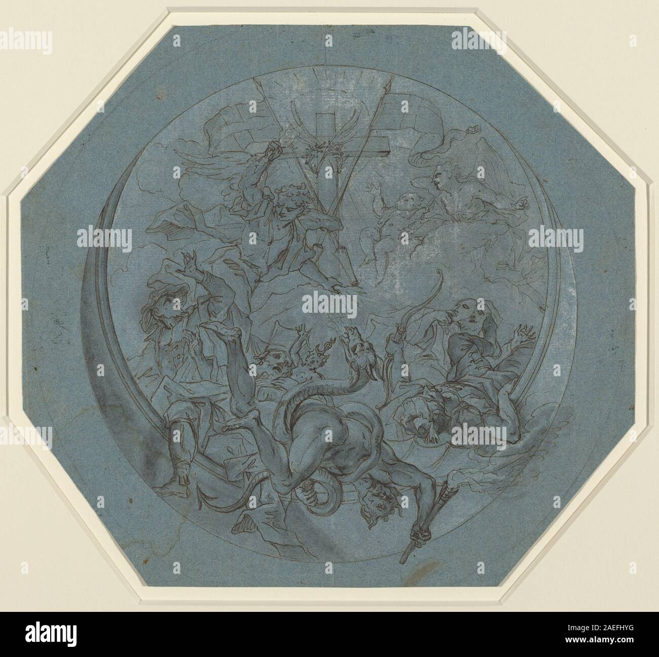 Cette peinture de 1730 de Johann Georg Bergmüller représente Saint Michel vainquant l'hérésie et Satan. La composition met l'accent sur les figures humaines, les anges, les démons, le geste, la posture, expression faciale, tenue vestimentaire, armure, épée, bouclier, ailes, nuages et mouvement dramatique, reflétant les techniques de peinture religieuse européennes du début du XVIIIe siècle. Banque D'Images