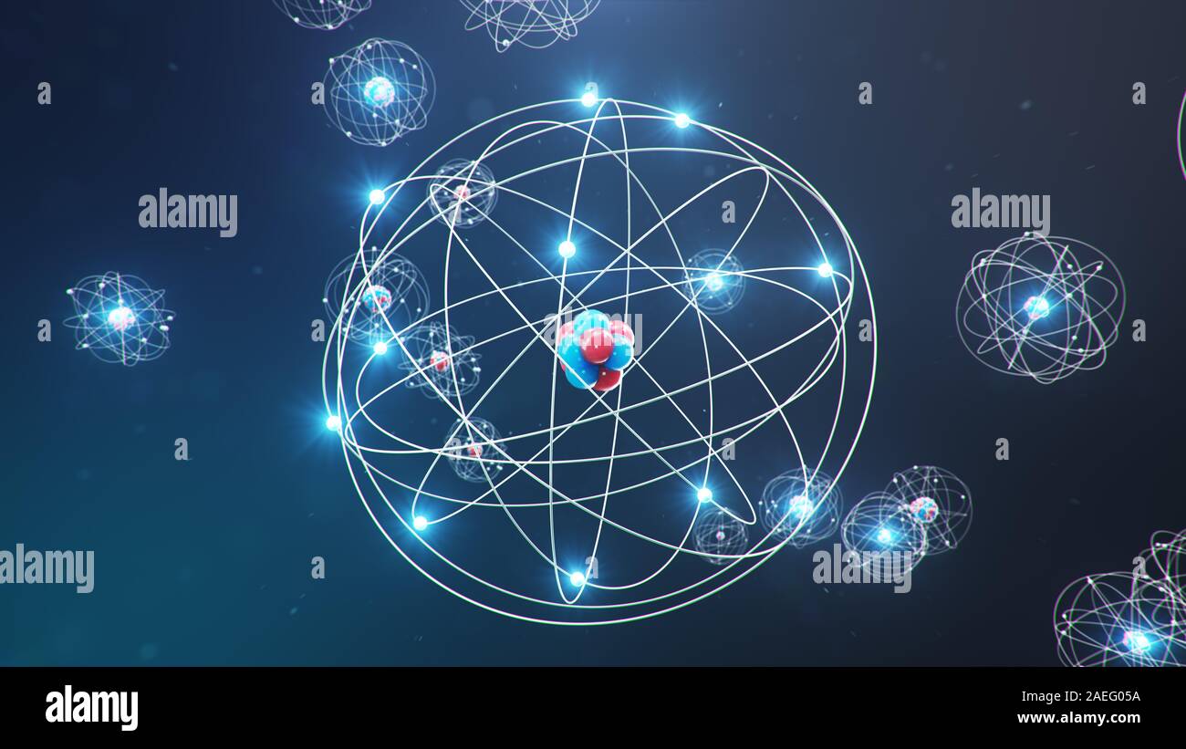 Illustration 3D de la structure atomique. Atom est le plus petit niveau de la matière qui forme éléments chimiques. Boules d'énergie rayonnante. La réaction nucléaire. Concept Banque D'Images