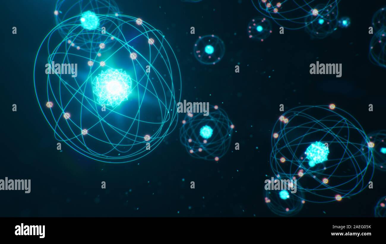 Illustration 3D de la structure atomique. Atom est le plus petit niveau de la matière qui forme éléments chimiques. Boules d'énergie rayonnante. La réaction nucléaire. Concept Banque D'Images