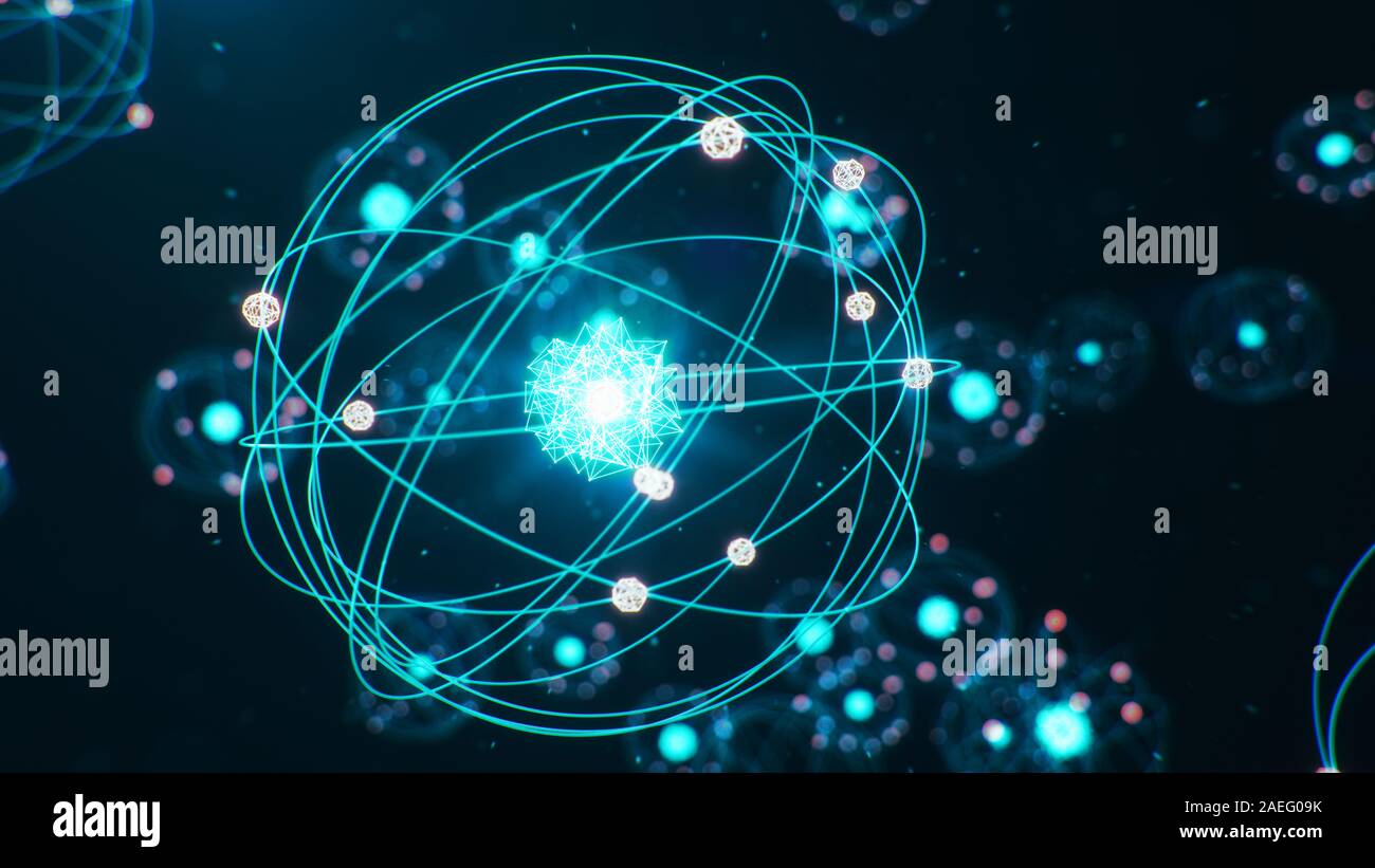 Illustration 3D de la structure atomique. Atom est le plus petit niveau de la matière qui forme éléments chimiques. Boules d'énergie rayonnante. La réaction nucléaire. Concept Banque D'Images