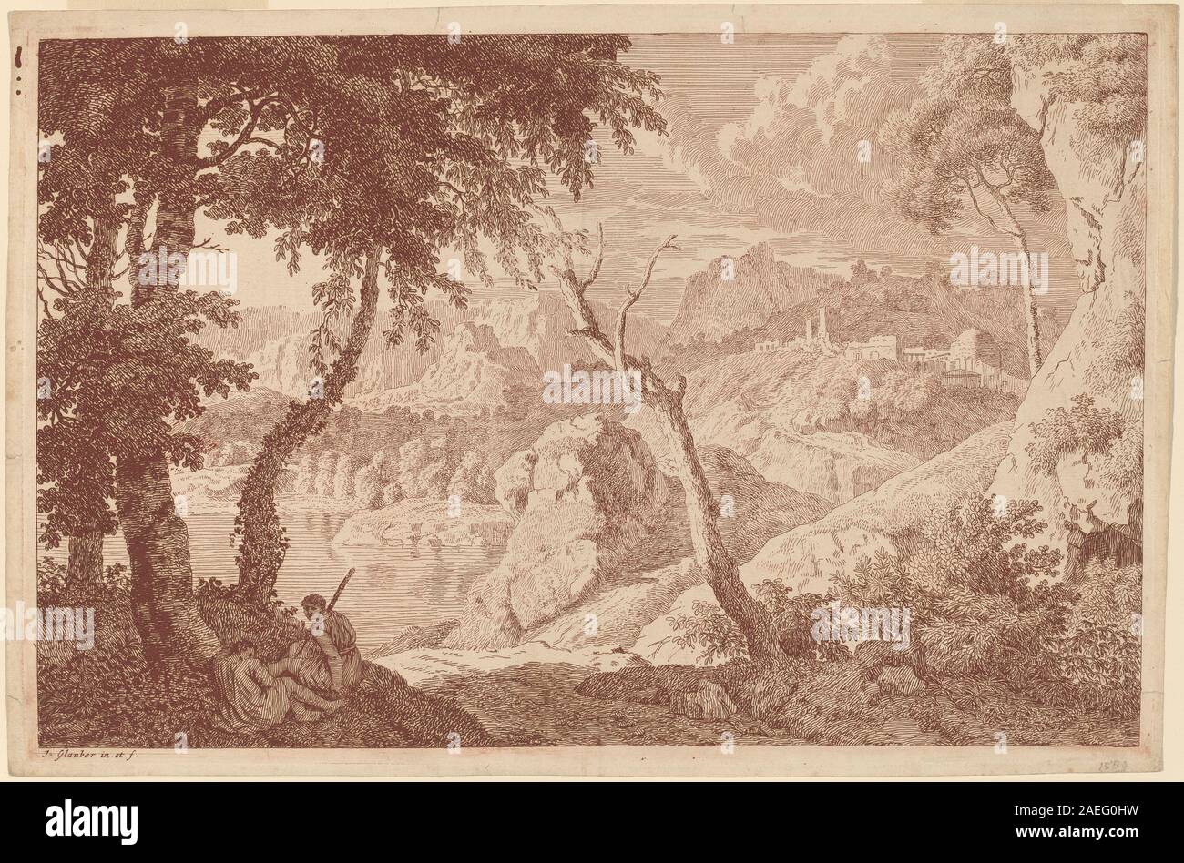 Paysage de montagne avec deux hommes au repos de Johannes Glauber représente deux hommes assis dans un terrain montagneux avec des rochers, de la végétation et des sommets lointains, mettant l'accent sur le paysage naturel et la présence humaine. Banque D'Images