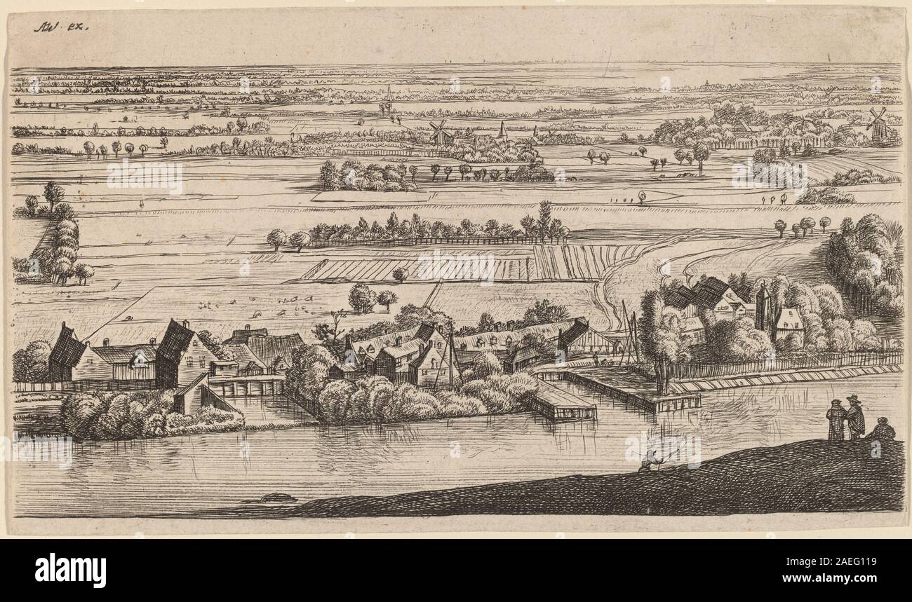 Cette œuvre de Johannes Ruisscher de la seconde moitié du XVIIe siècle, retravaillée par Anthonie Waterloo, représente un village au bord d'un canal, mettant l'accent sur des bâtiments, des figures humaines, de l'eau, des bateaux, végétation, ponts, sentiers, paysage, cadre rural, et perspective. Banque D'Images