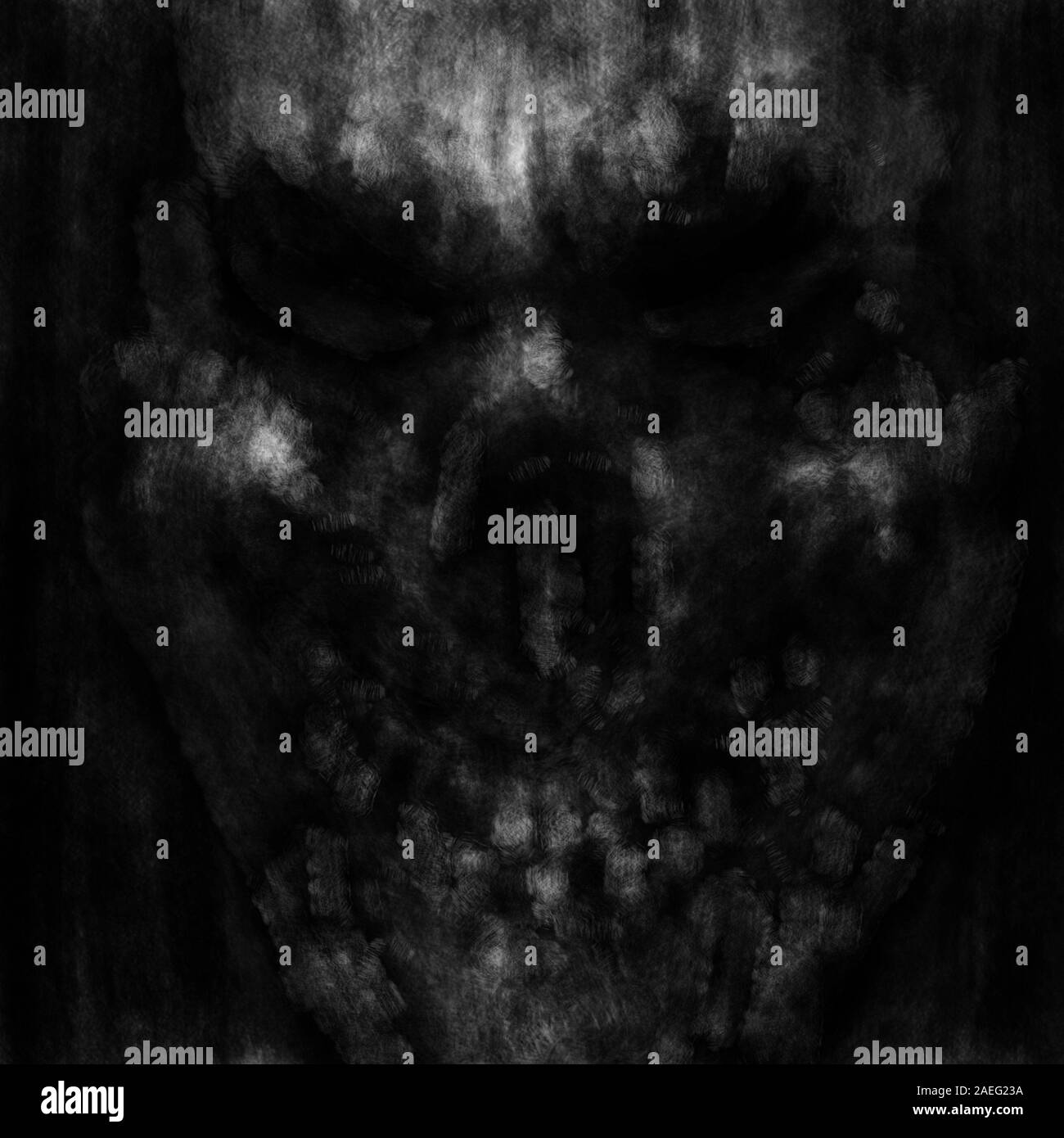 Face avec crâne yeux creepy. La couverture en noir et blanc genre d'horreur avec du charbon et de l'effet du bruit. Banque D'Images