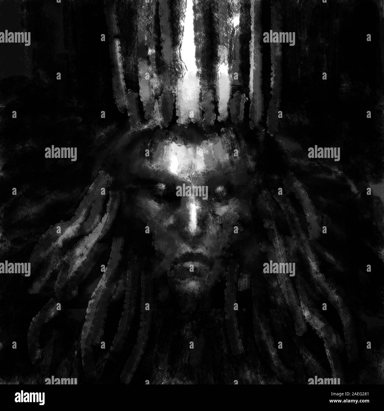 Reine des ténèbres avec une couronne sur sa tête. Illustration noir et blanc à genre d'horreur avec du charbon et de l'effet du bruit. Banque D'Images