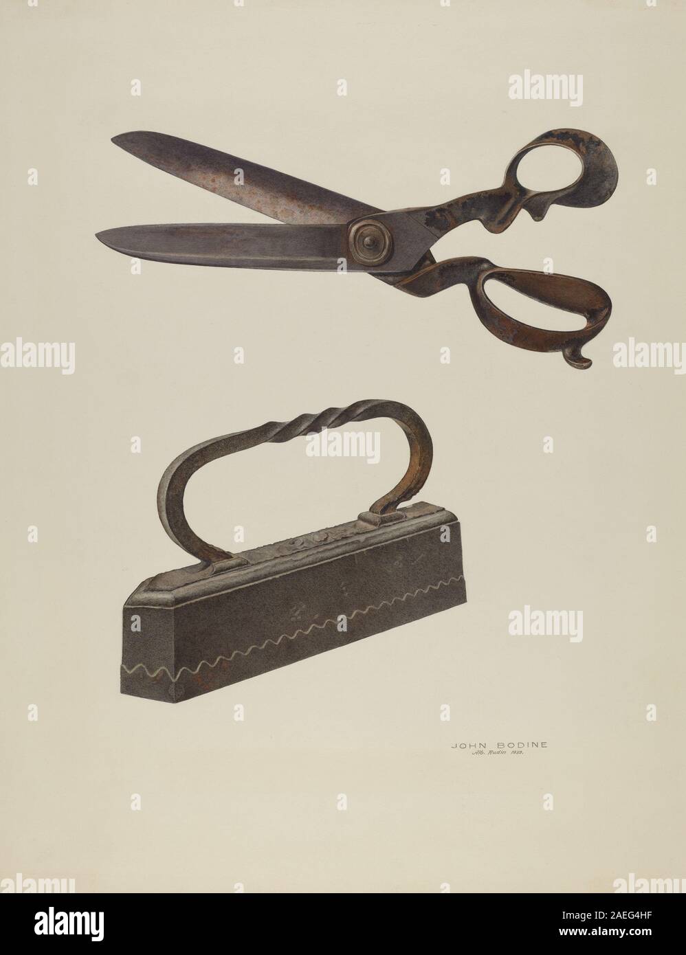 Une paire de cisailles de tailleur et un fer plat créés par John Bodine vers 1939, avec des lames métalliques, des poignées et un design fonctionnel pour couper et presser les textiles. Banque D'Images