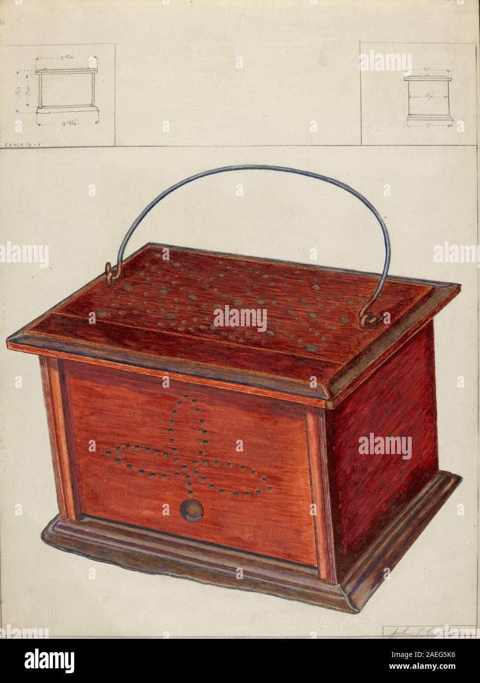 Chauffe-pieds par John Cutting créé vers 1936, en bois et métal avec un compartiment pour les charbons chauds. La pièce représente des appareils de chauffage domestique du début du XXe siècle et un savoir-faire fonctionnel. Banque D'Images
