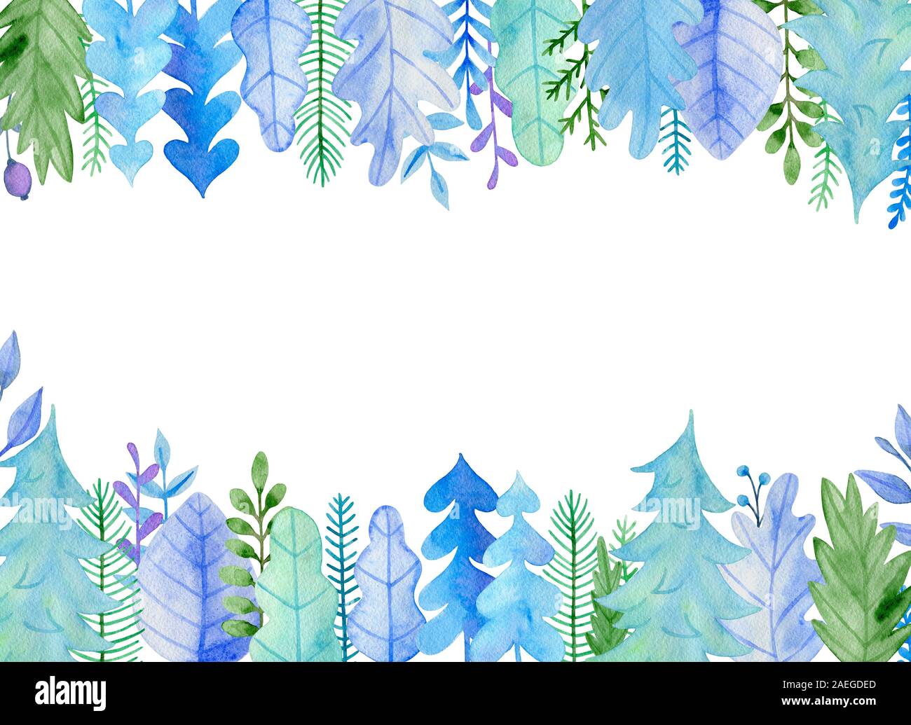 Aquarelle Noël et nouvel an carte de souhaits avec feuilles bleu et de sapin. La main d'hiver décoration floral frame Banque D'Images