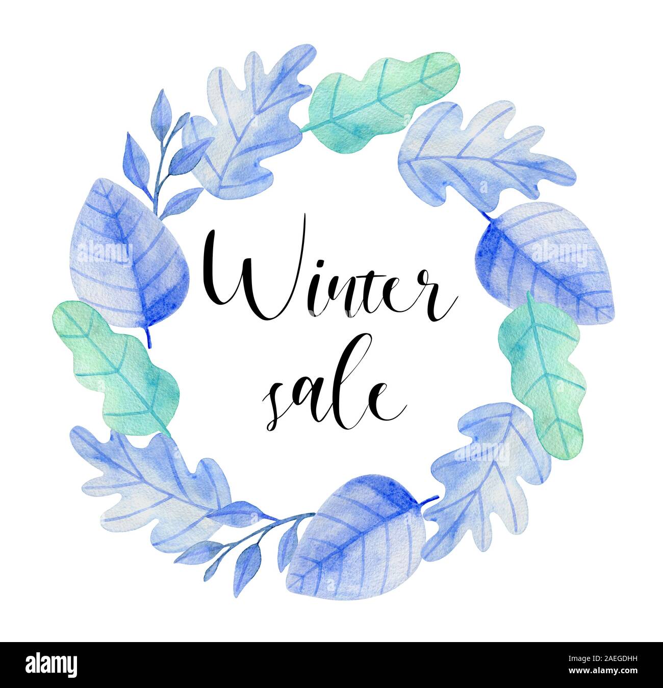 Hiver aquarelle hand drawn guirlande de feuilles de chêne vert et bleu sur fond blanc. Conception pour Saisonnier hiver vente Banque D'Images