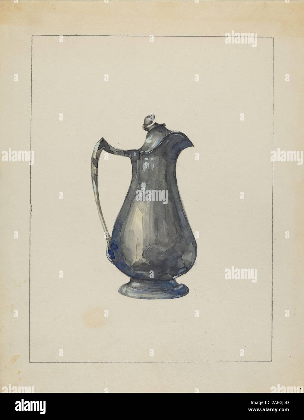 Pichet en étain créé par John Oster entre 1935 et 1942, illustrant l'artisanat du travail des métaux, le design fonctionnel et le style décoratif caractéristique du XXe siècle. Banque D'Images