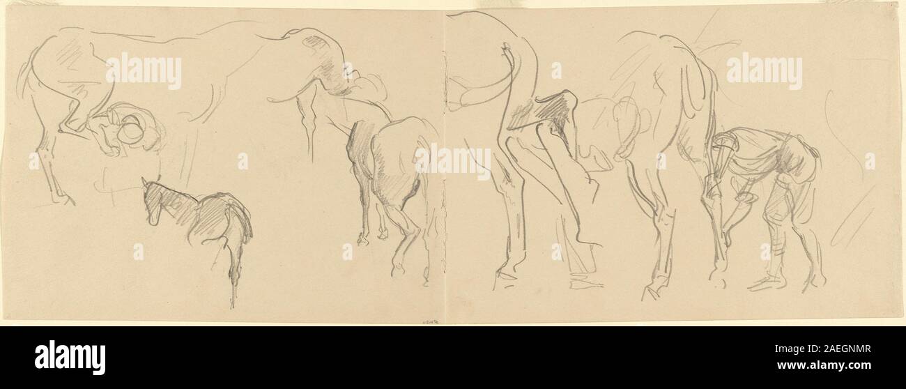 Studies for Shoeing Cavalry Horses at the Front de John Singer Sargent, 1918, représente des chevaux recevant des chaussures près de positions militaires. Les croquis mettent en évidence l'anatomie, la posture, les harnais, le travail des maréchaux et les pratiques militaires équestres du début du XXe siècle. Banque D'Images