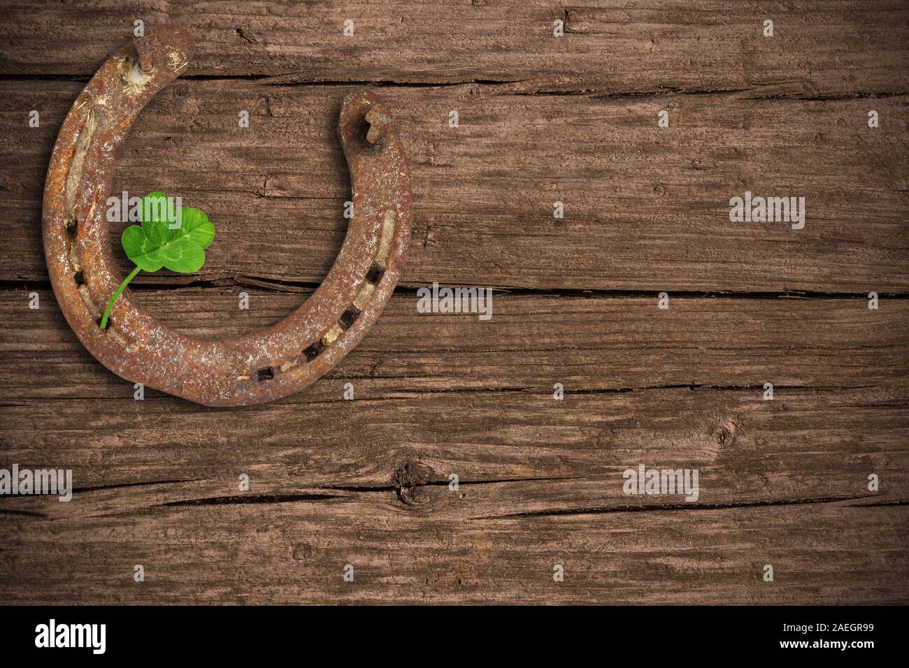 Tableau noir avec quatre feuilles de trèfle et fer à cheval Banque D'Images