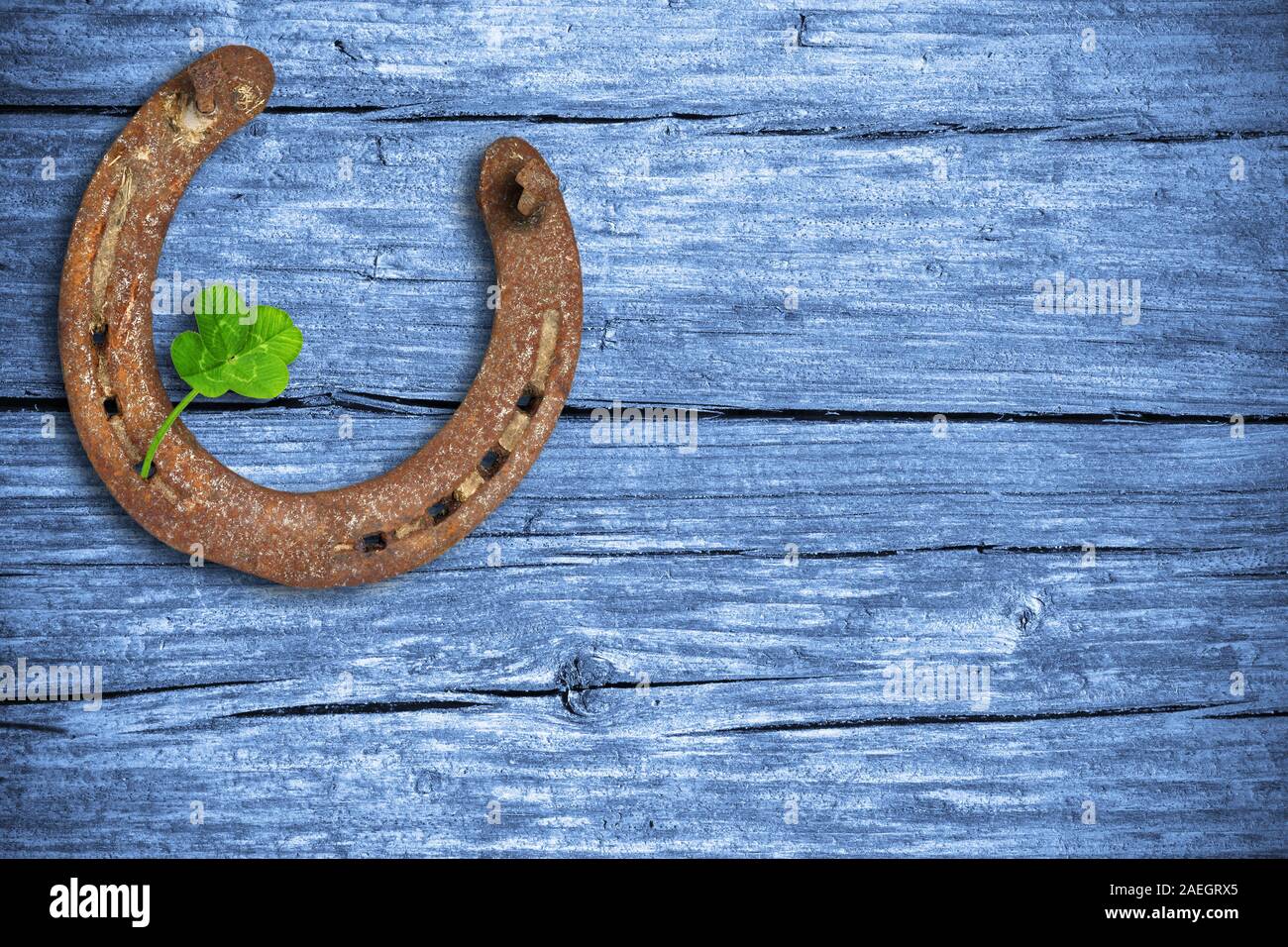 Tableau noir avec quatre feuilles de trèfle et fer à cheval Banque D'Images