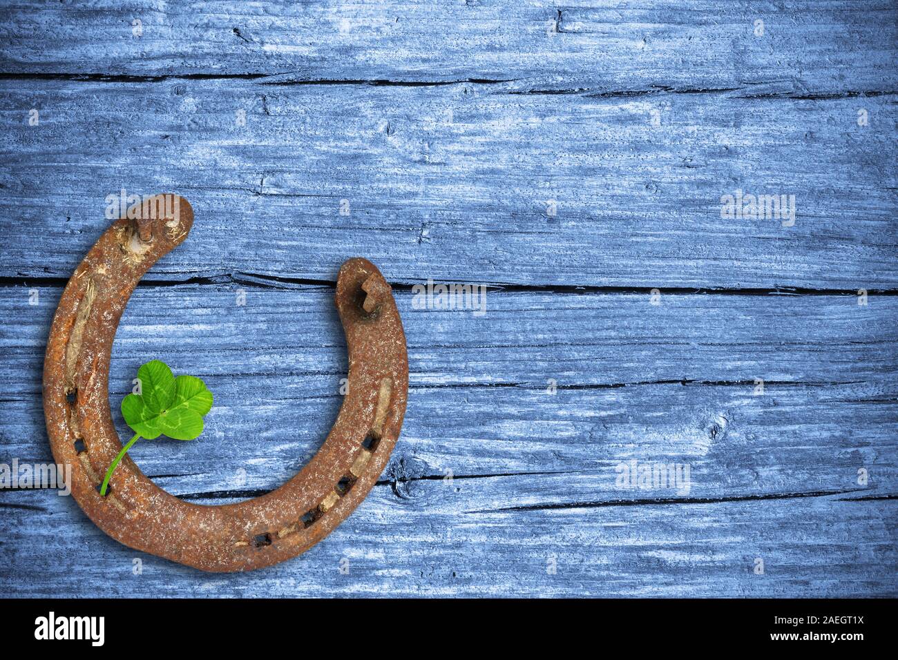 Tableau noir avec quatre feuilles de trèfle et fer à cheval Banque D'Images