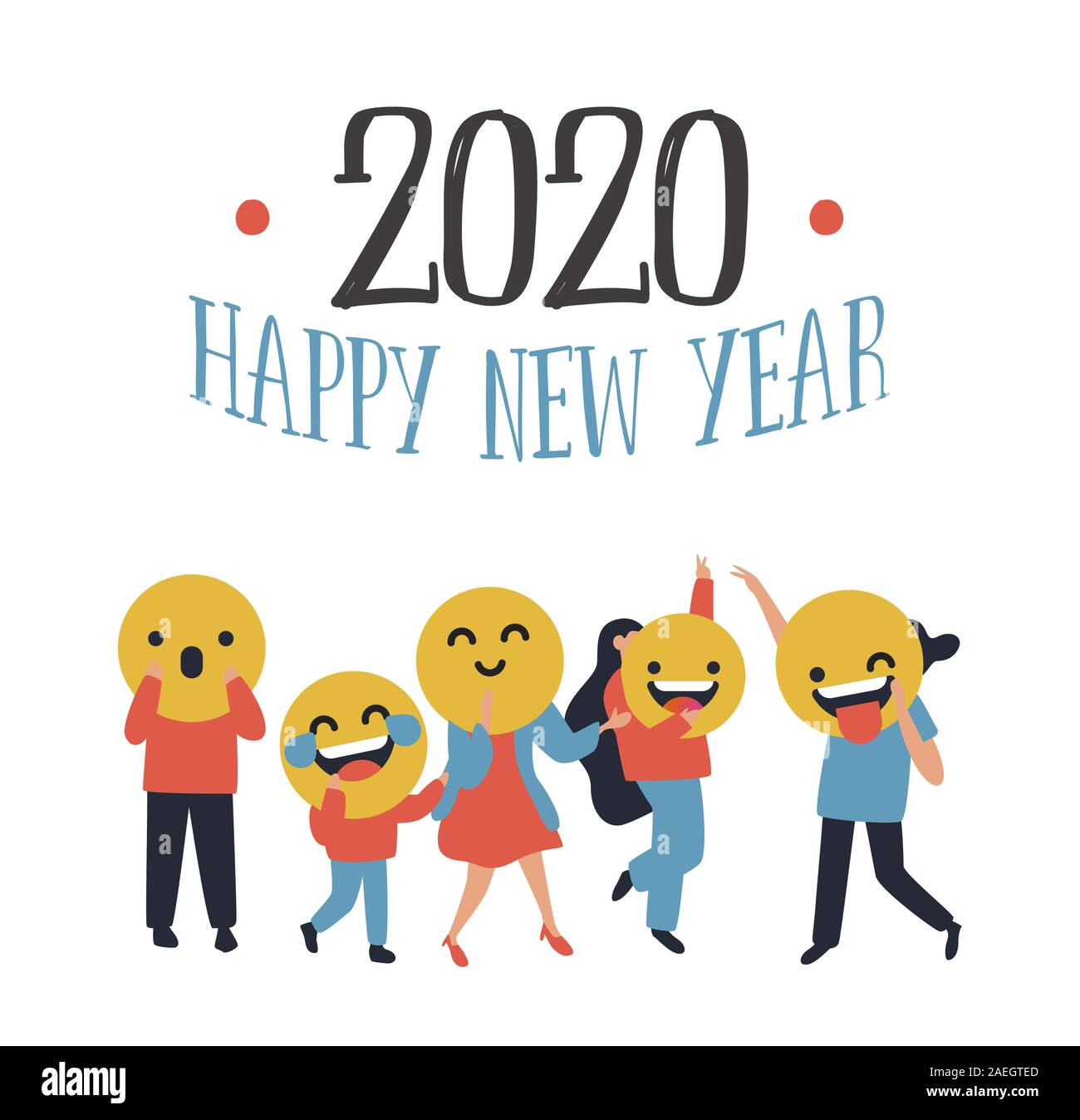 Bonne Année 2020 Carte de souhaits des gens très divers avec smiley face icônes sociales. Fun chat émoticône réaction bannière pour fête de célébration. Illustration de Vecteur