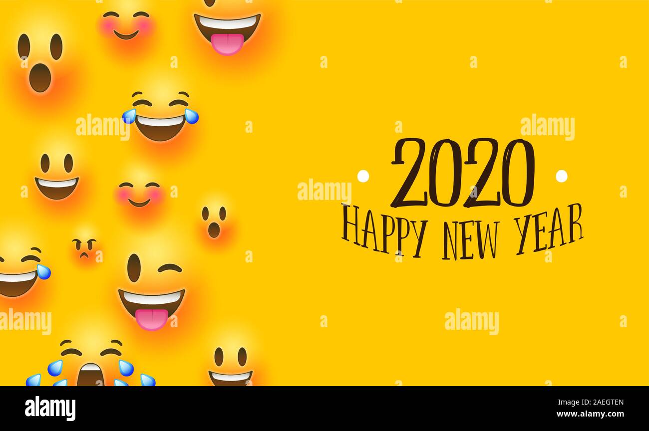 Bonne Année 2020 de carte de voeux 3d drôle smiley face icônes sociales. Fun chat émoticône réaction bannière pour fête de célébration. Illustration de Vecteur