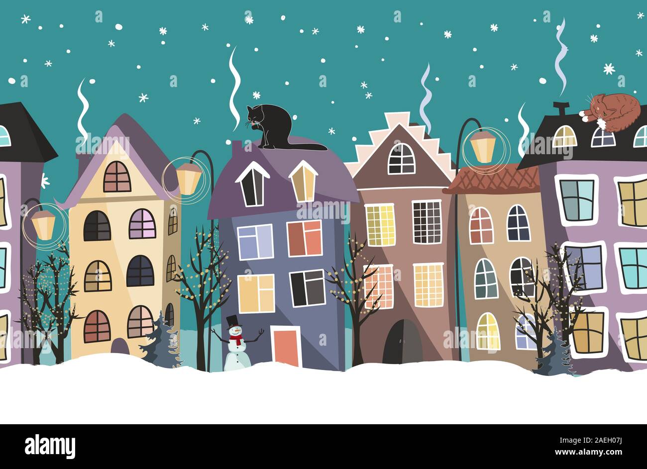 Hiver sans frontière avec cute maisons et arbres. Fond vecteur de Noël Illustration de Vecteur