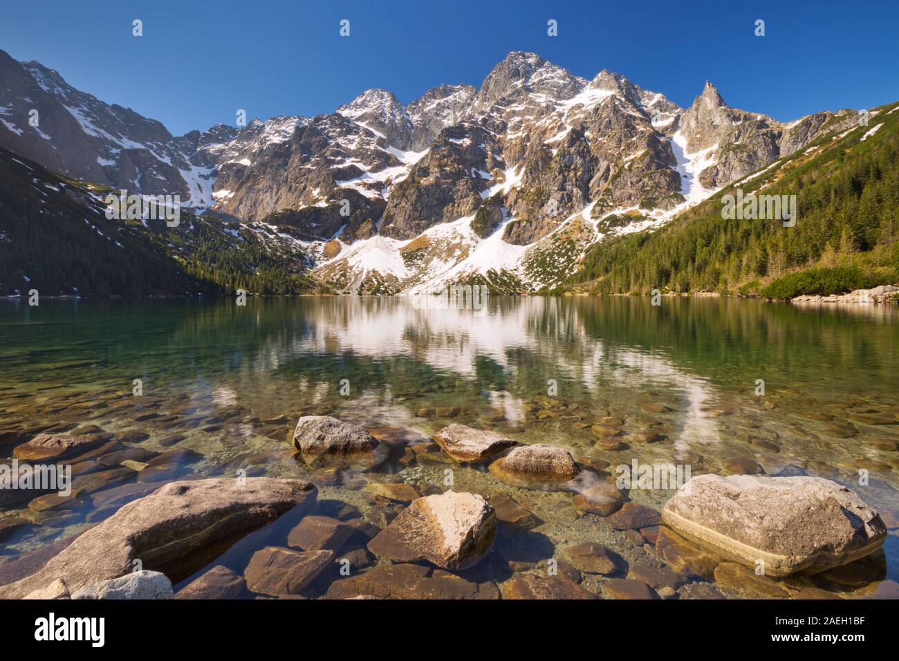 Le Morskie Oko Lac de montagne dans les Tatras en Pologne, sur un beau matin lumineux. Banque D'Images