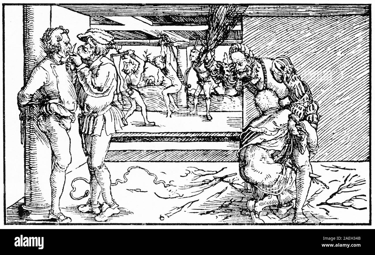 Gravure de punitions diverses utilisées en Europe dans les années 1500 - à gauche, la langue clipping pour fonctionnaires qui parlent de malice, de droite, la flagellation avec des bâtons, et à l'arrière, un autre la flagellation avec un fouet. Banque D'Images