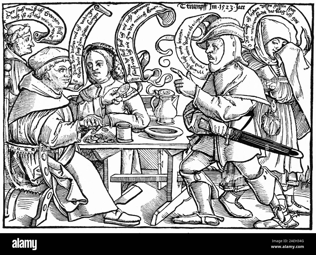 Gravure sur bois de 1523 de la propagande anti-catholique au cours de la réforme. Dans ce dessin animé, un père se casse dans le moine qui cherchent à corrompre sa fille. Le moine assis tente de corrompre le père avec l'argent, tandis que le moine à l'extrême gauche dit "Cette chose m'oblige à être toujours, même si ce n'est pas ma volonté". Banque D'Images