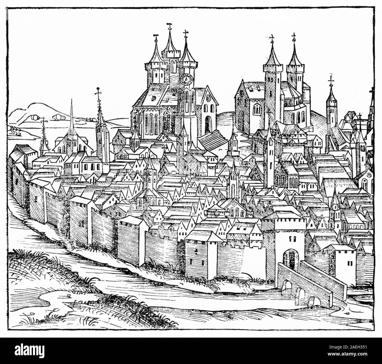 Réduite de la gravure sur bois d'après une illustration de la ville de Erfurt en Hartmann Schedel's livre des chroniques et histoires, 1493. Réformateur Martin Luther a étudié le droit à Erfurt avant d'entrer dans le monastère. Banque D'Images