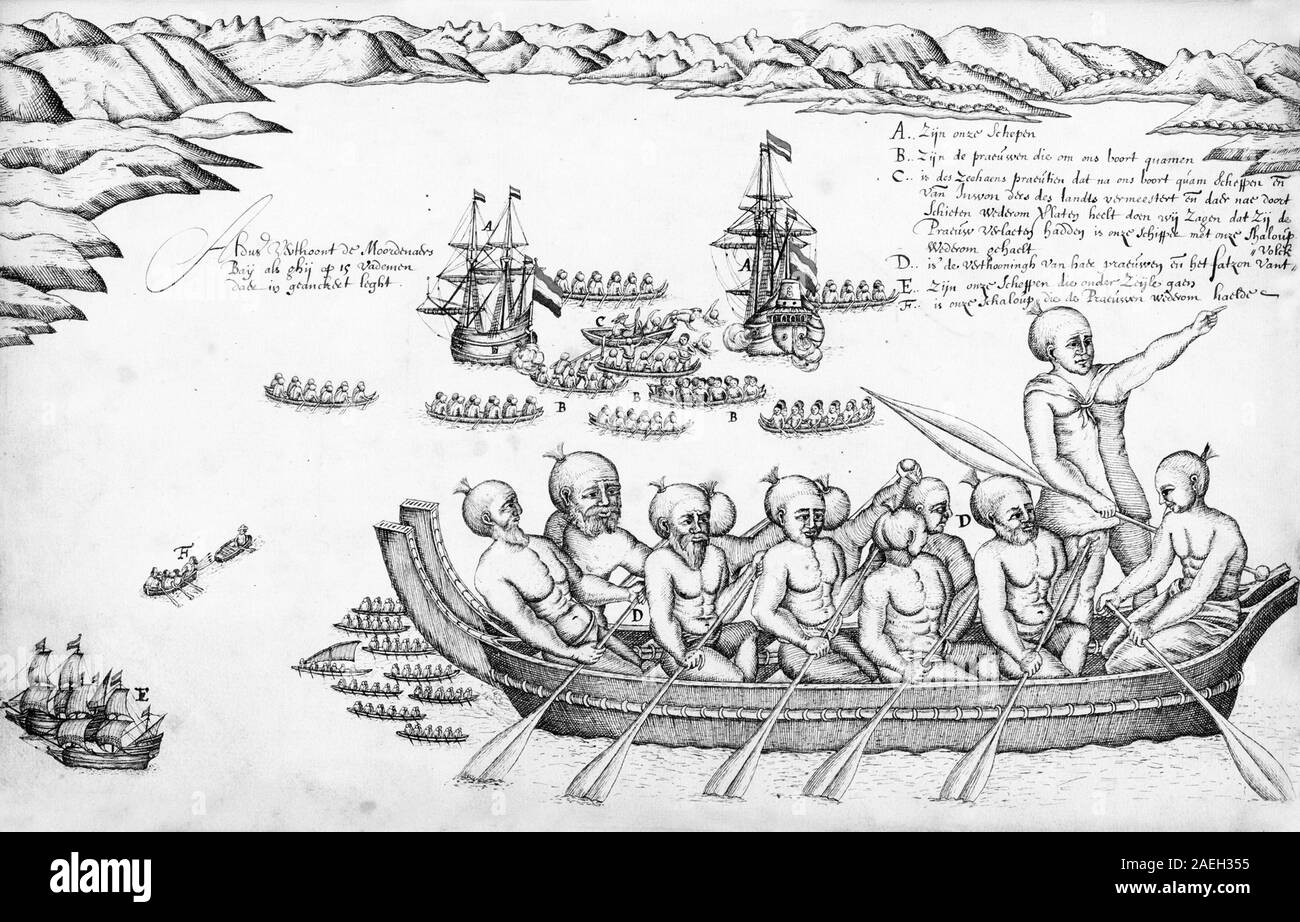 Assassins' Bay en Nouvelle Zélande dessiné par Isaack Gilsemans, dans Abel Tasman's journal de voyage (1642). Les Hollandais ont essayé à la terre mais les Maoris ont tué plusieurs de ses hommes. Le nom de Tasman Bay Baie des meurtriers. Banque D'Images