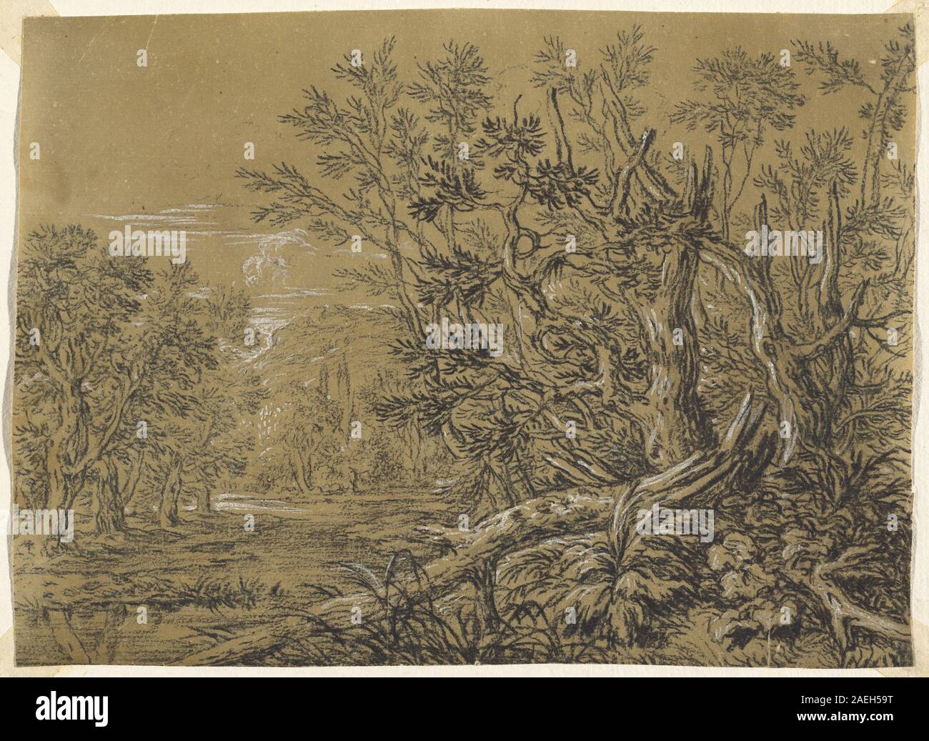 Une peinture de paysage de Jonas Umbach représentant un ruisseau qui coule à travers une forêt ancienne, montrant des arbres, de l'eau, du feuillage, de la profondeur spatiale, et l'arrangement compositionnel, reflétant les approches naturalistes du paysage du xviie siècle Banque D'Images