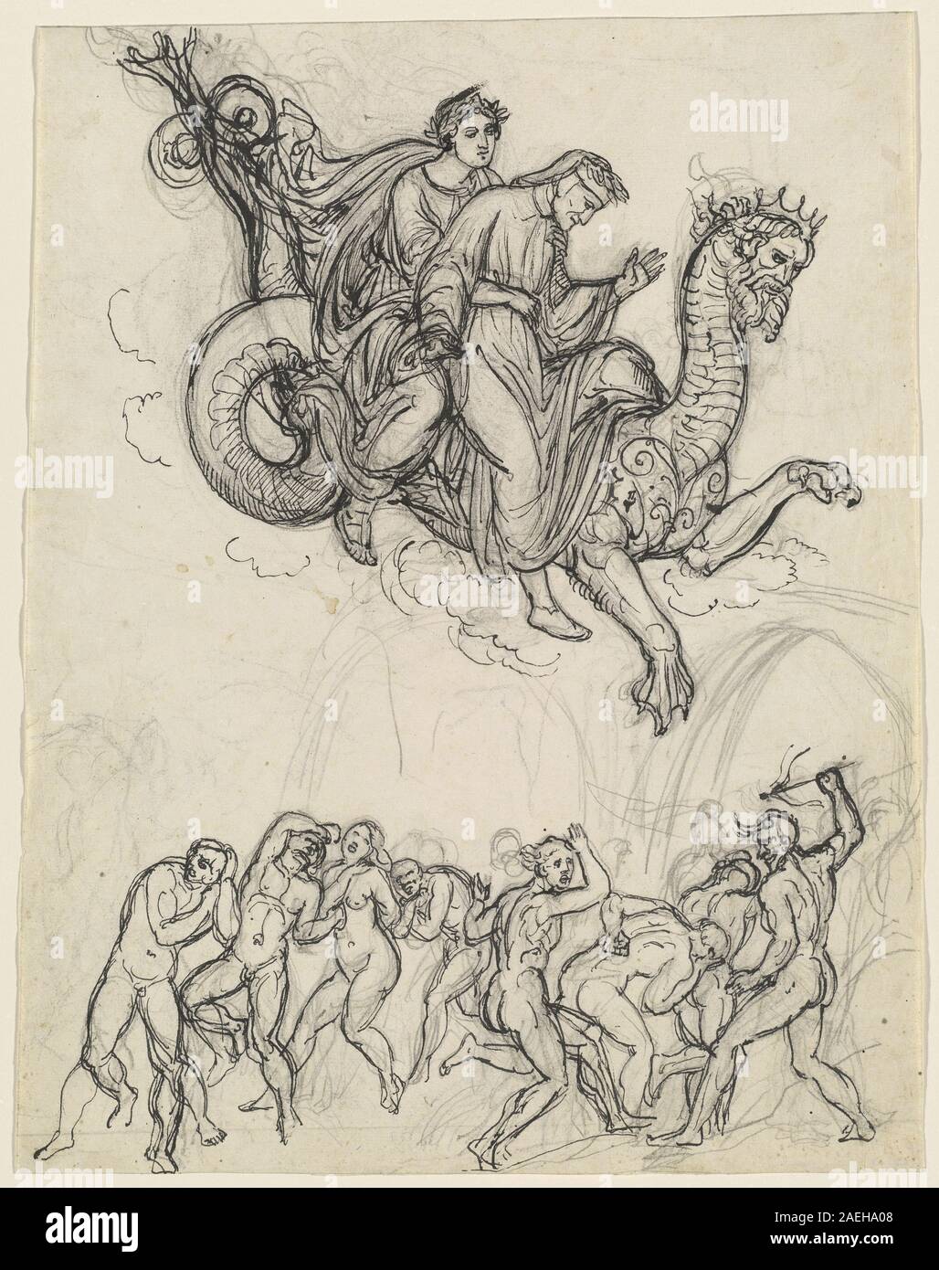 Dante et Virgile Riding on the Back of Geryon, vers 1821 par Joseph Anton Koch, dépeint la scène allégorique de la Divine Comédie, montrant les personnages sur le dos de Geryon avec un paysage dramatique et une composition détaillée. Banque D'Images