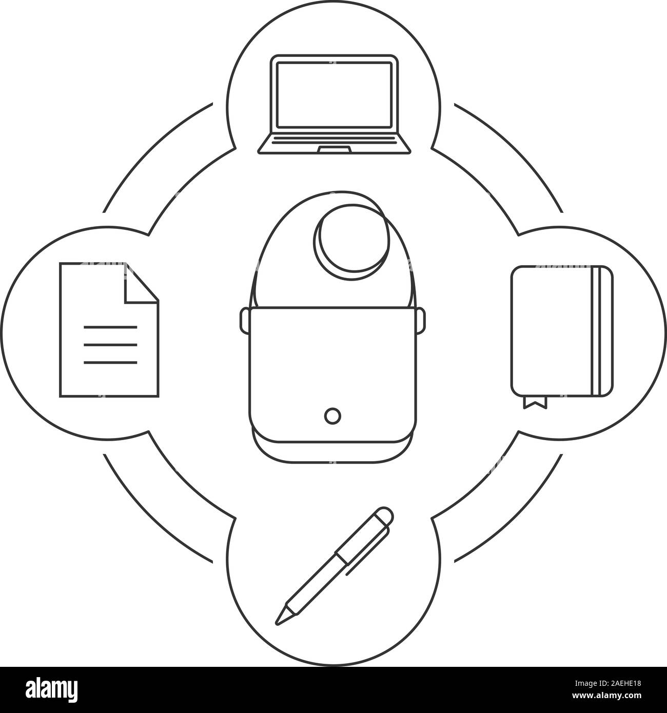 Contenu du sac de l'homme d'icônes linéaire définie. Portable, de poche, un stylo, un document texte. Illustrations vectorielles Illustration de Vecteur