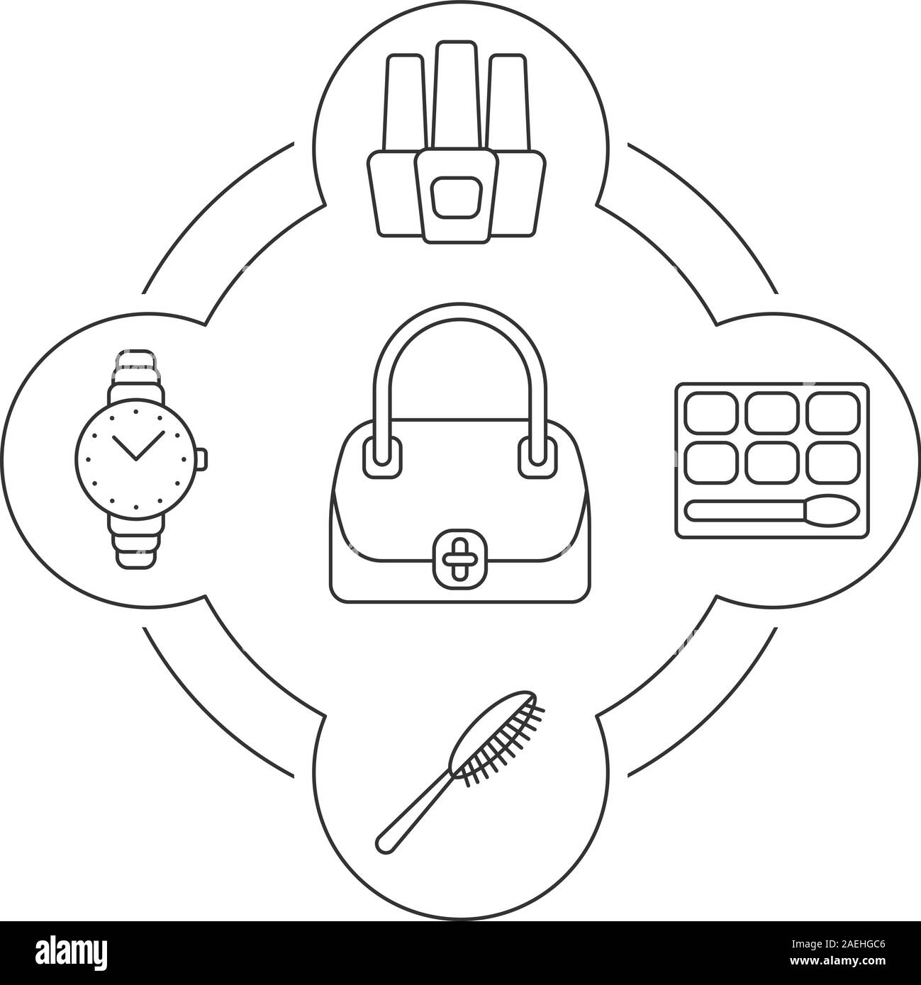 Sac à main de femme matières icons set linéaire. Bouteilles de vernis à ongles, ombre à paupières, brosse à cheveux, montre-bracelet. Illustrations vectorielles Illustration de Vecteur