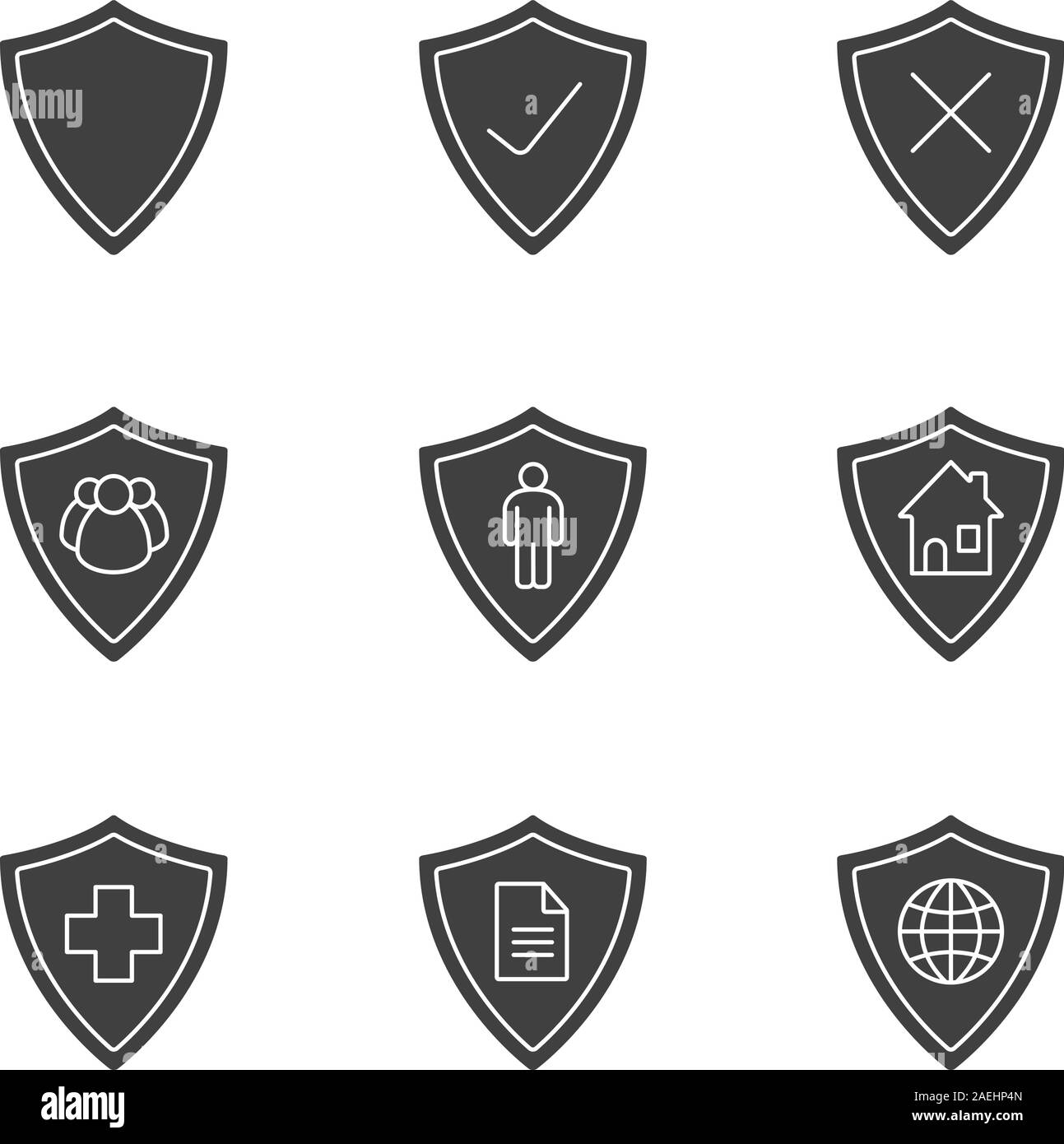 Les boucliers de protection glyphe icons set. Symboles de Silhouette. L'assurance médicale, les documents privés, des biens, des personnes, la sécurité du réseau. Vector illu isolés Illustration de Vecteur