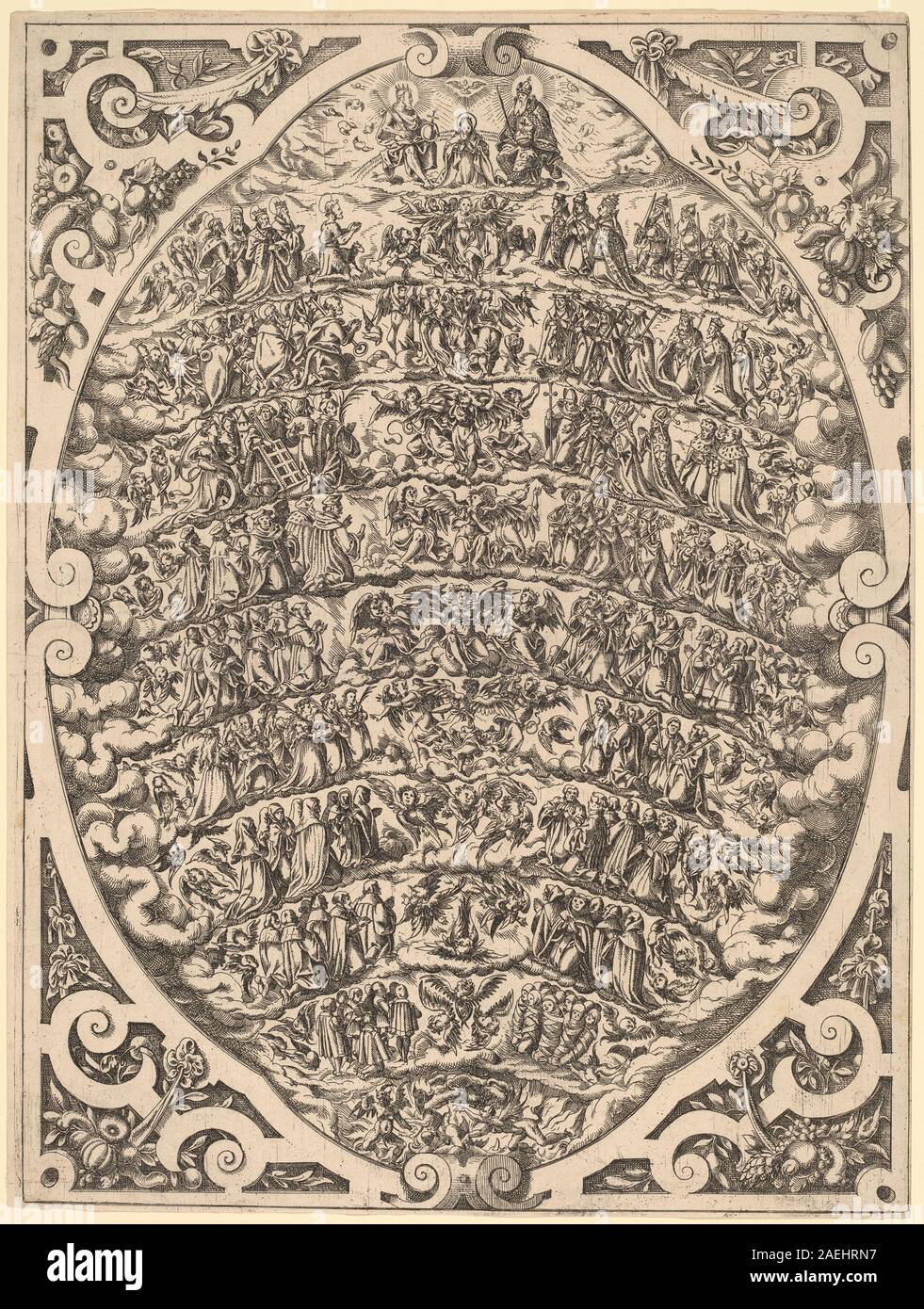 La hiérarchie des cieux, créée par Jost Amman en 1579, illustre une représentation structurée d'êtres célestes organisés selon un ordre religieux et symbolique, montrant des anges, des archanges et d'autres entités spirituelles dans un arrangement à plusieurs niveaux reflétant la hiérarchie théologique. Banque D'Images