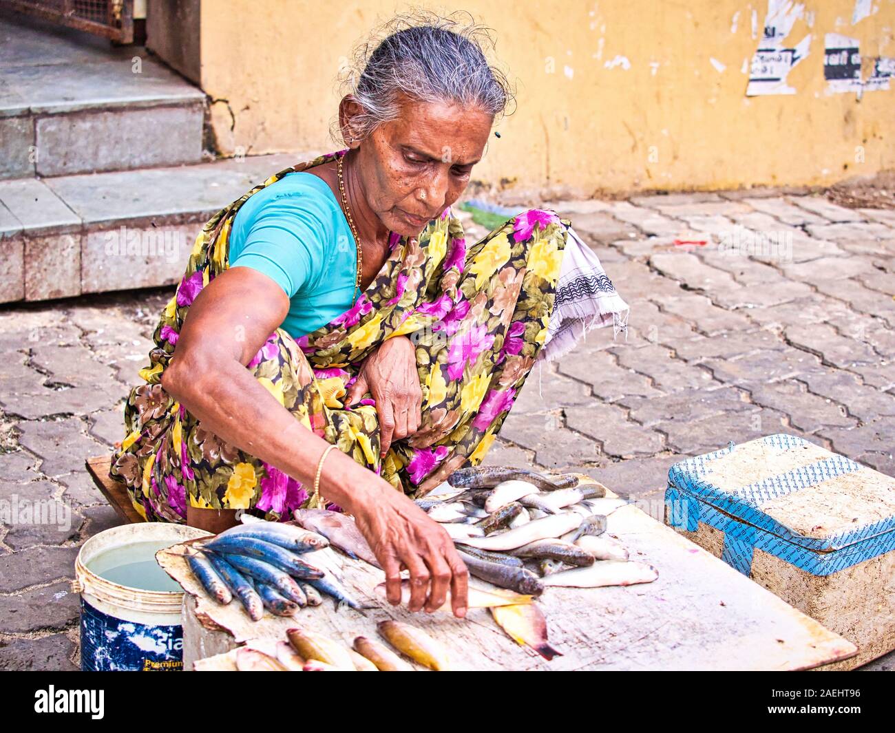 Pondichéry, Inde - décembre 2018, CIRCA. Portrait d'un vieil Indien non identifiés pauvres dalit senior femme mince avec saree dans la rue, vendant du poisson je Banque D'Images